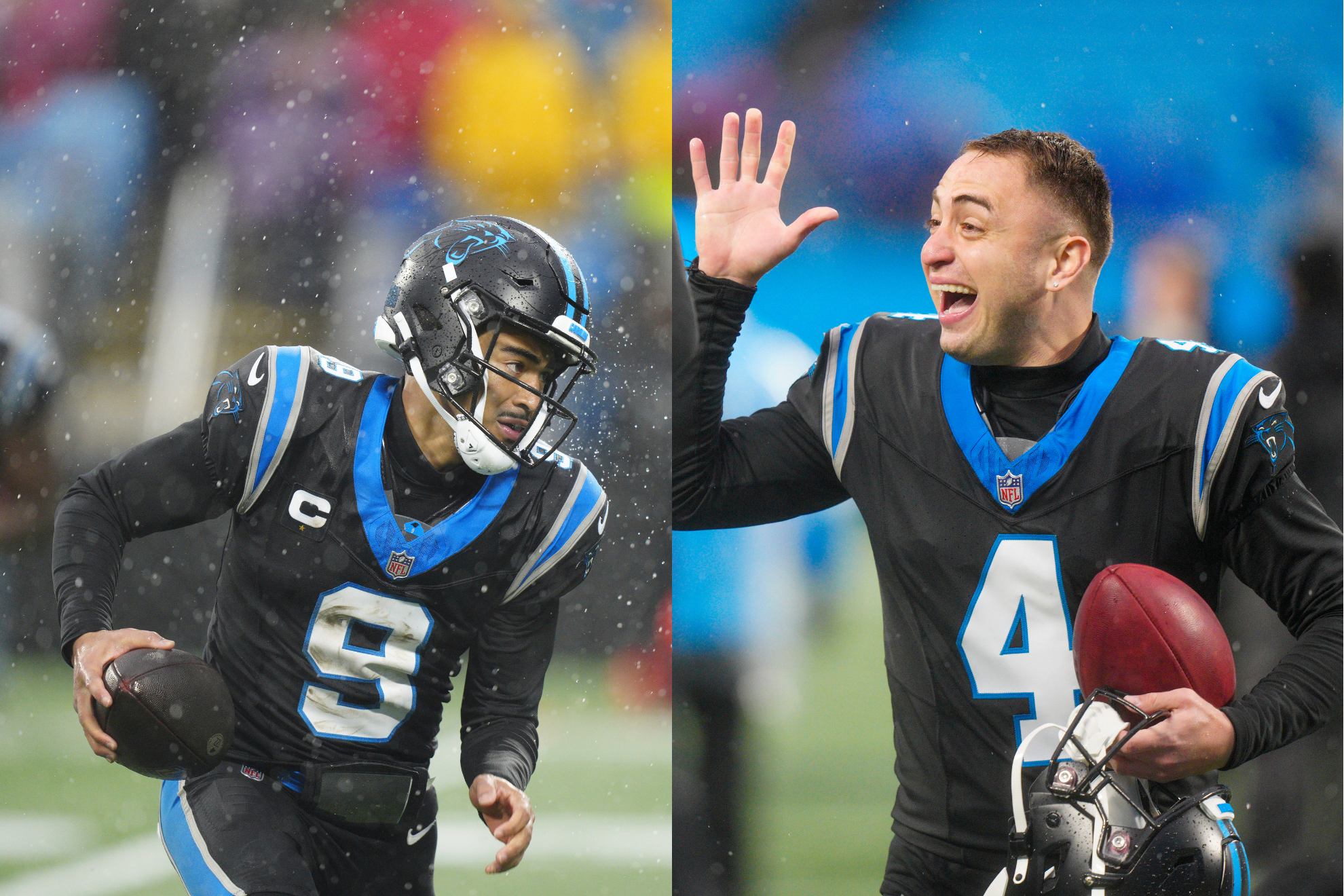 Bryce Young (left) helped to set up Eddy Pineiro (right) to kick Carolinas winning field goal.