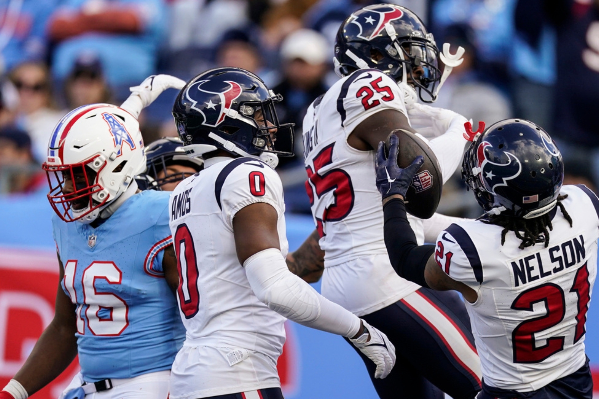 Houston Texans cornerback Steven Nelson (21) celebrates his interception against the Tennessee Titans during the second half of an NFL football game, Sunday, Dec. 17, 2023, in Nashville, Tenn.
