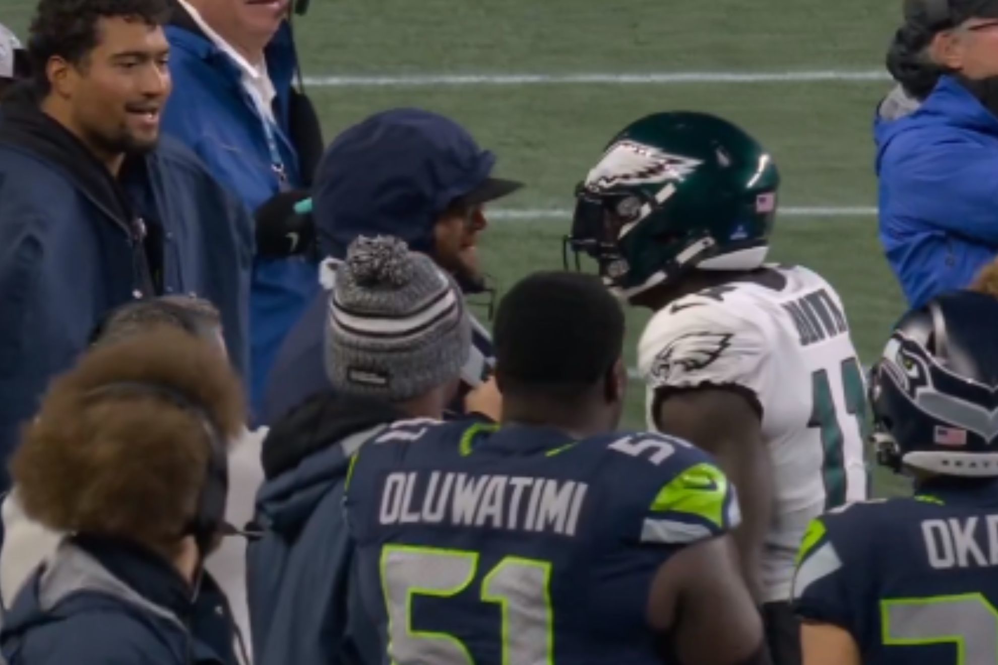 Seahawks personnel bumps AJ Brown on sideline, avoids ejection as Big Dom observes