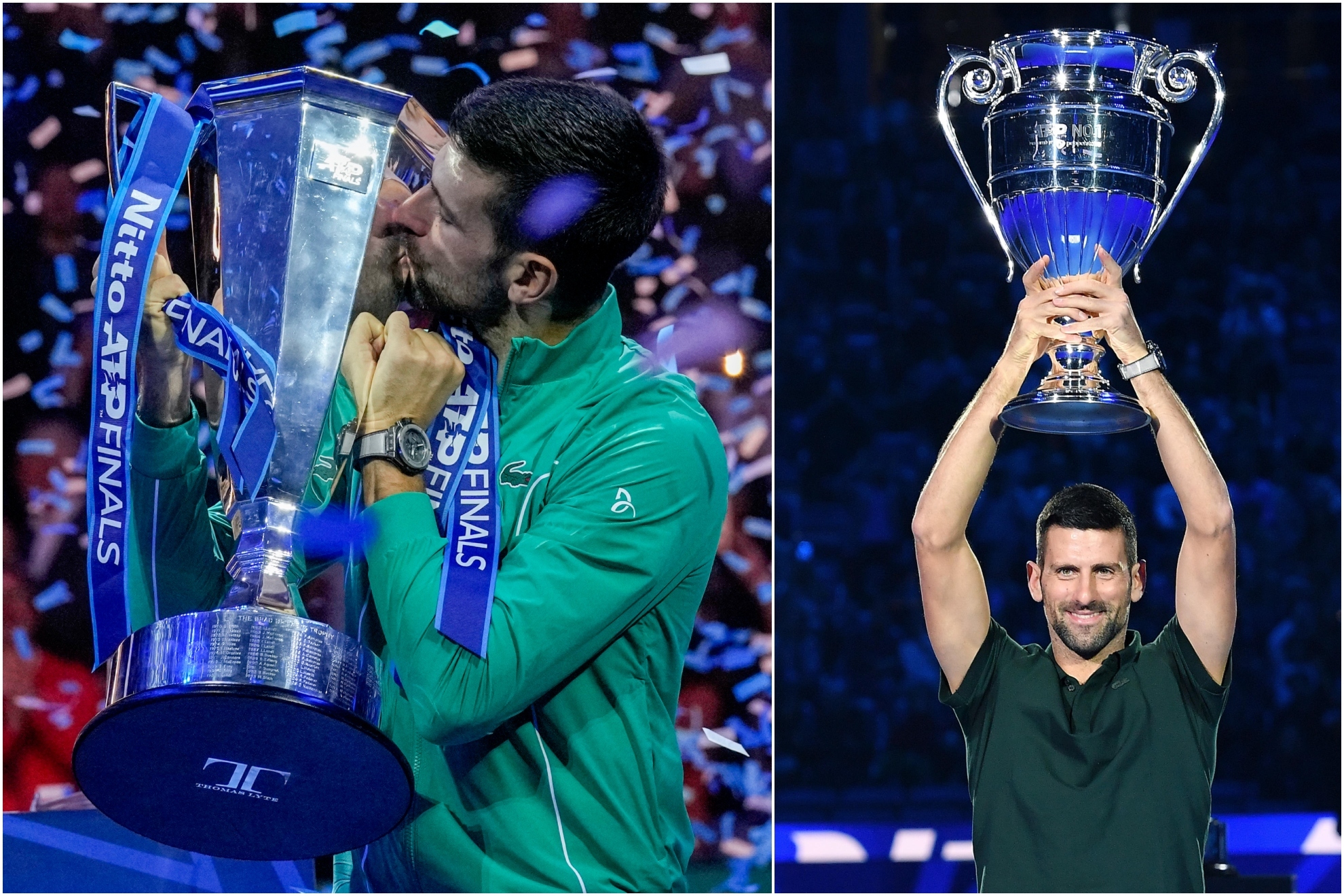 Novak Djokovic posa con su sptima Copa de Maestros y con el trofeo de nmero 1 del ranking ATP
