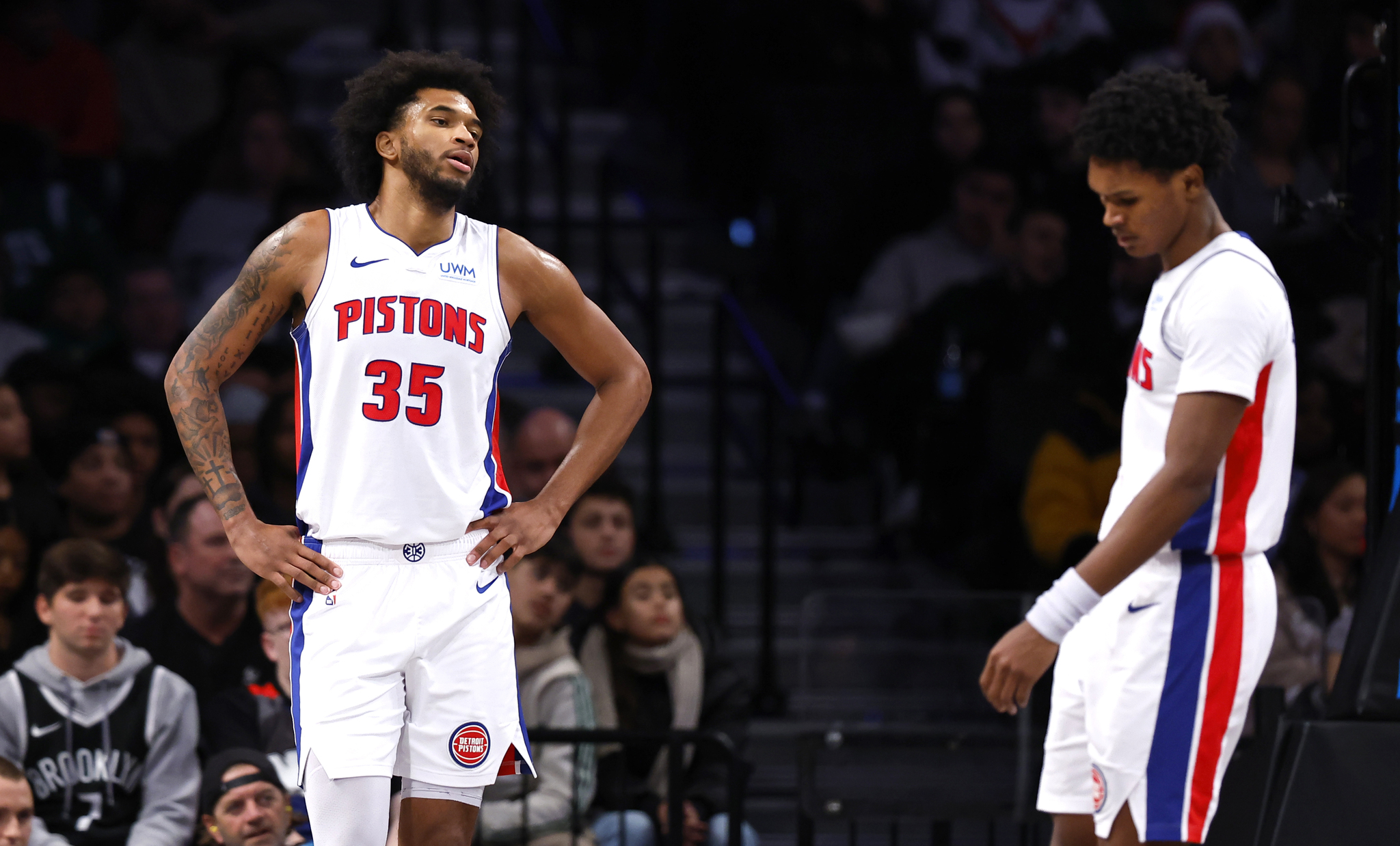 Detroit Pistons forwards Marvin Bagley III and Ausar Thompson react during the Pistons record-tying loss.