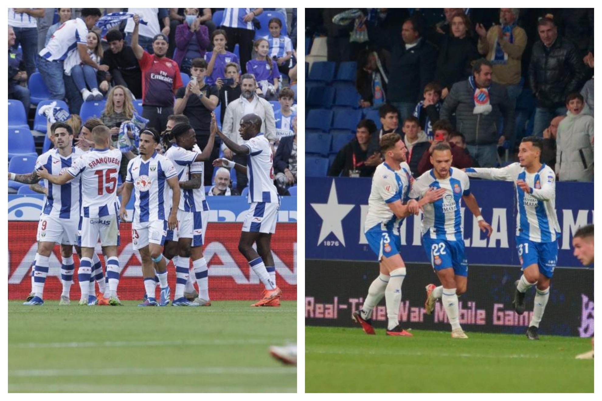 Los jugadores de Leganés y Espanyol celebrando sendos goles esta temporada