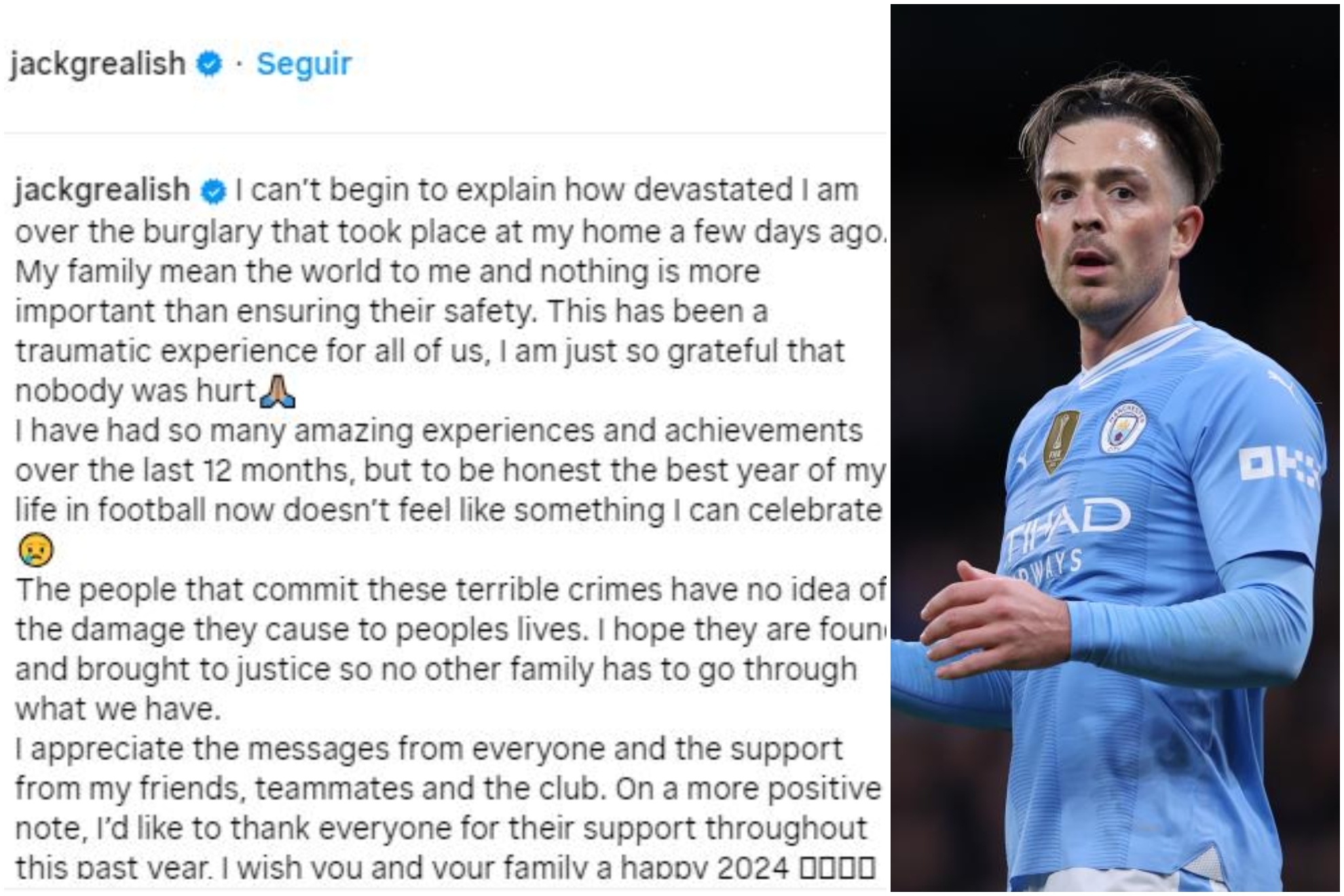 Un montaje con una imagen del mensaje de Grealish en Instagram y otra del jugador del Manchester City.