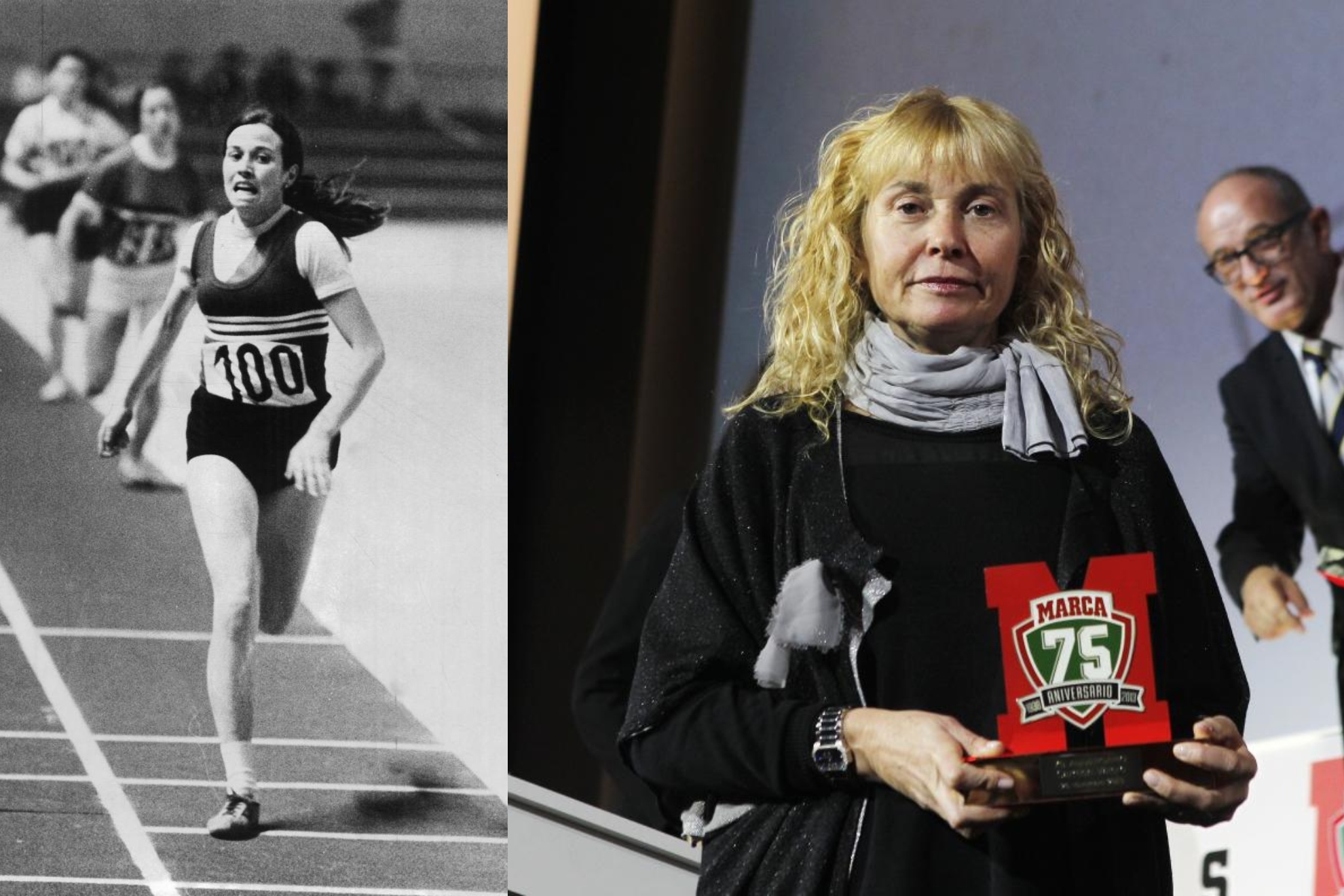 Carmen Valero, en su etapa como corredora, y galardonada en el 75 aniversario de MARCA