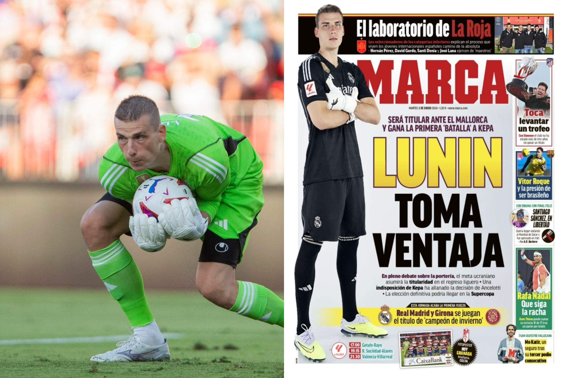 Un montaje con una imagen de Lunin y la portada de MARCA anunciando la noticia.