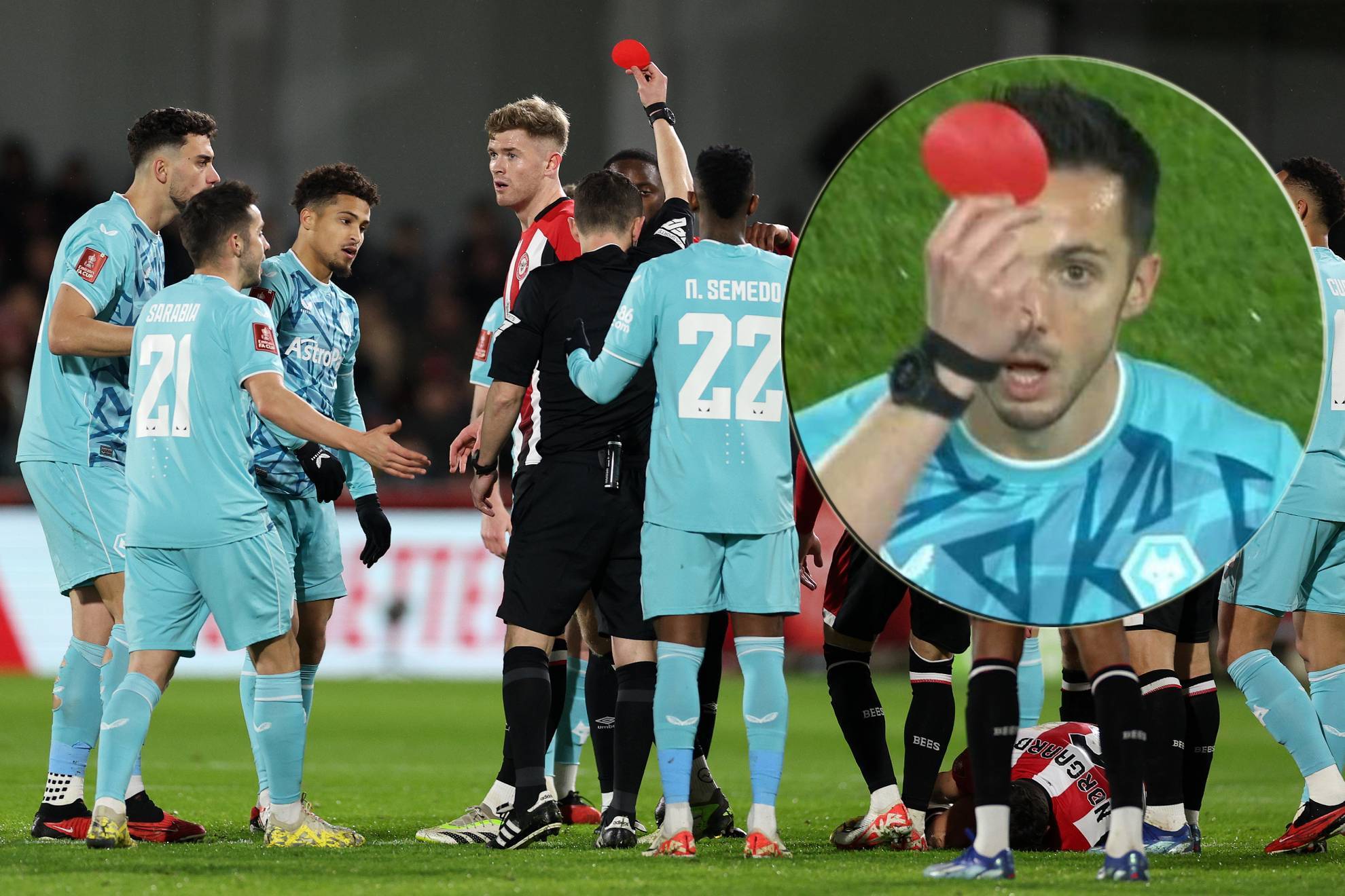 Joao Gomes sees the circular red card.