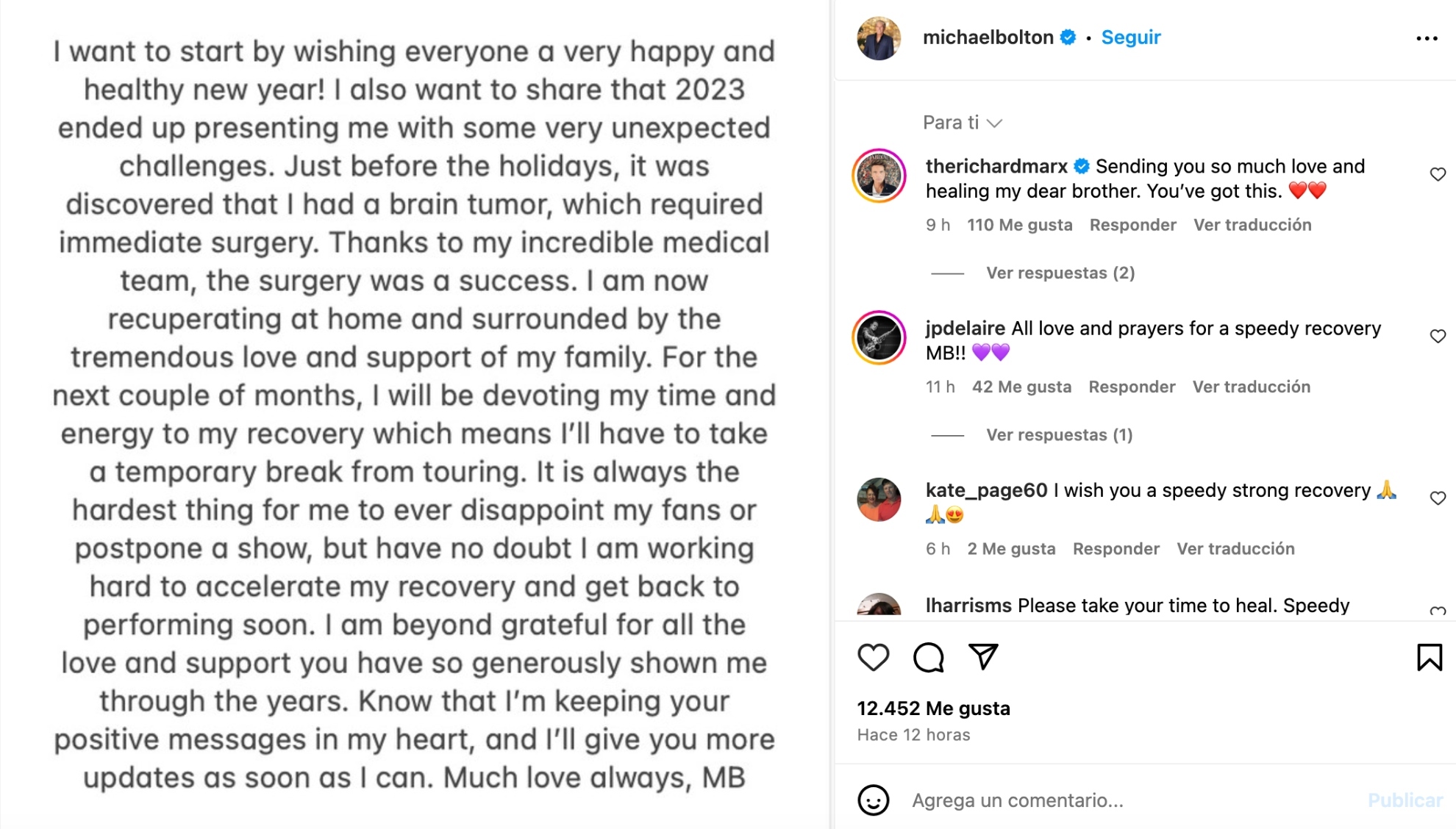 El mensaje de Michael Bolton en Instagram