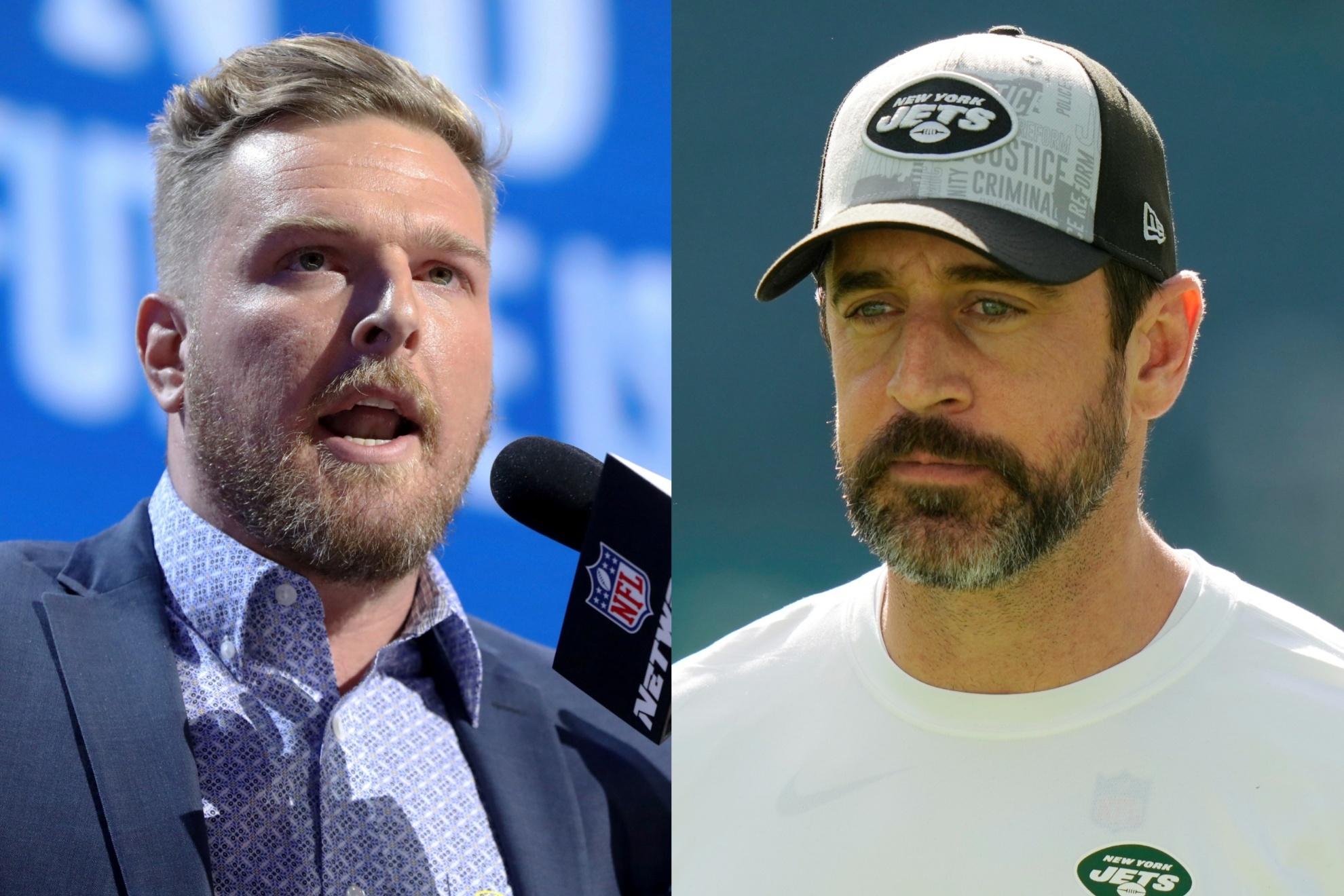 Podcast host Pat McAfee and New York Jets quarterback Aaron Rodgers.