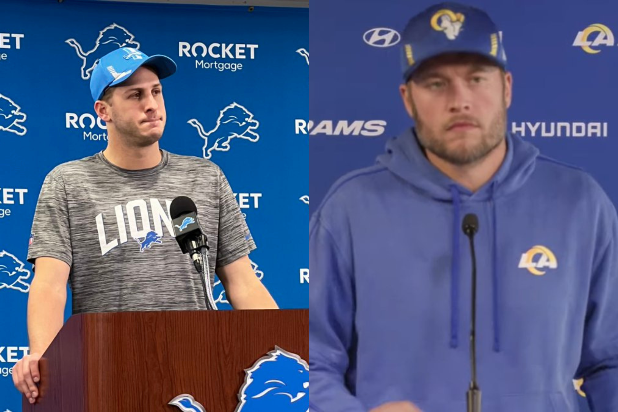 Goff (left) and Stafford (right) were traded for each other in 2021 -- now, they will meet in the playoffs.