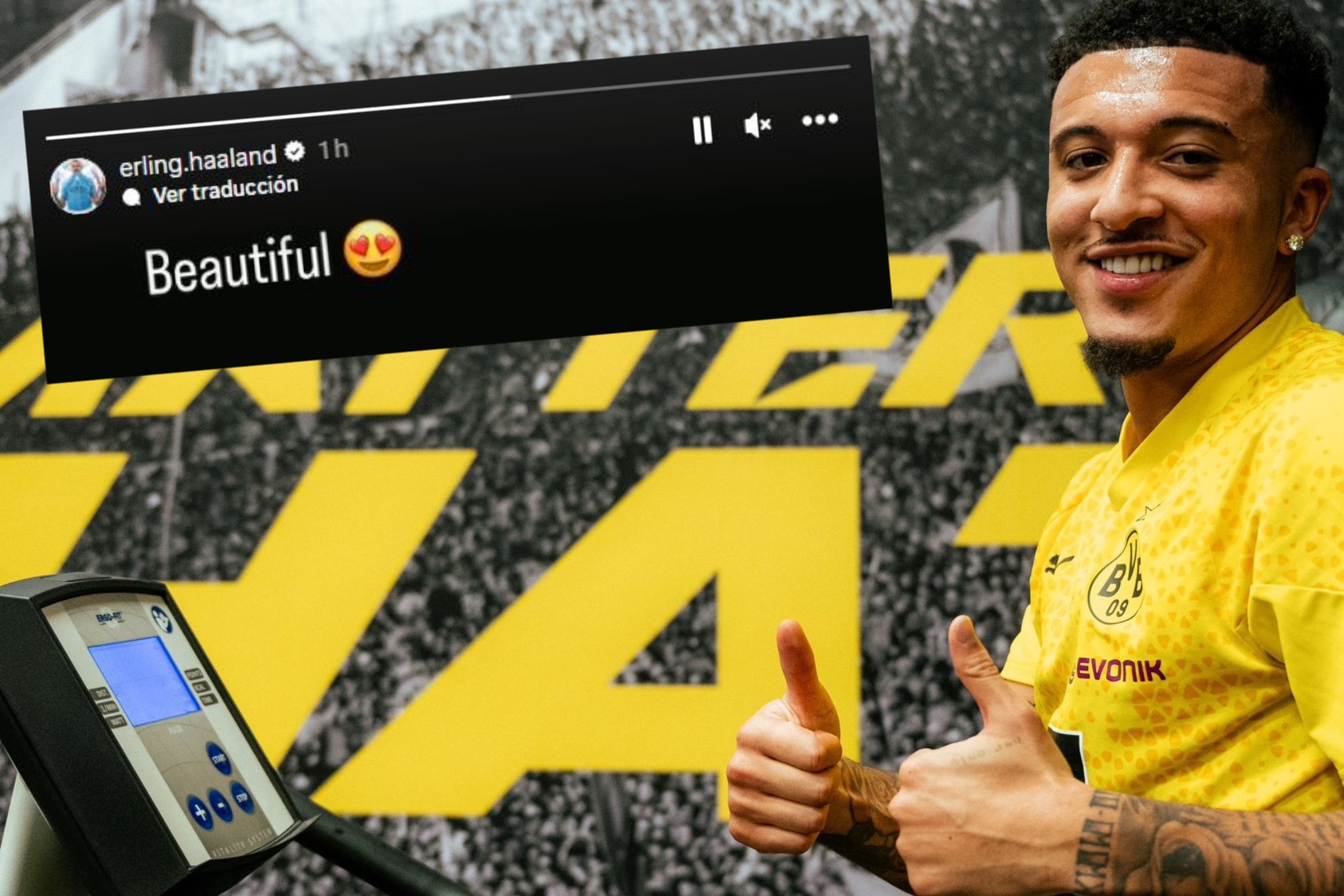 Un montaje con una imagen de Jadon Sancho tras fichar por el Borussia Dortmund y un recorte del mensaje de Haaland.