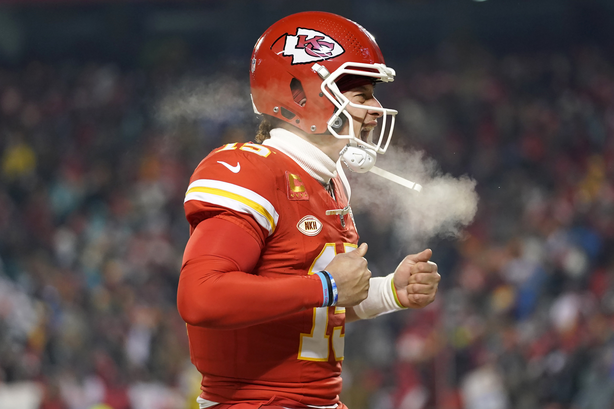 Patrick Mahomes celebrates the Chiefs win against the Dolphins on Saturday night.