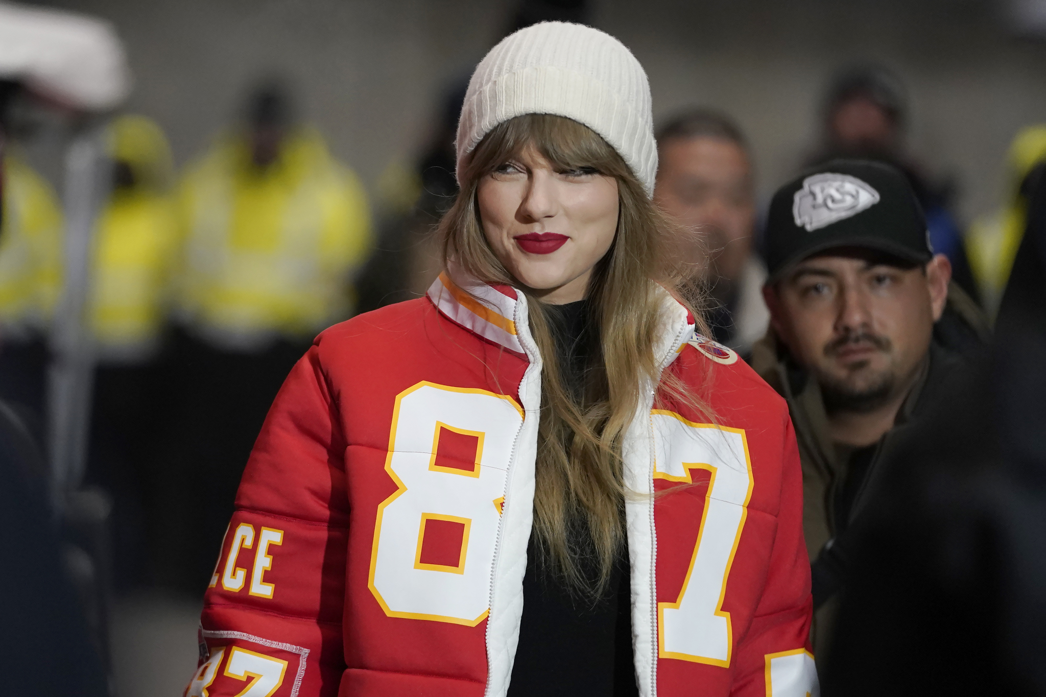 Taylor Swift wearing a Travis Kelce jacket