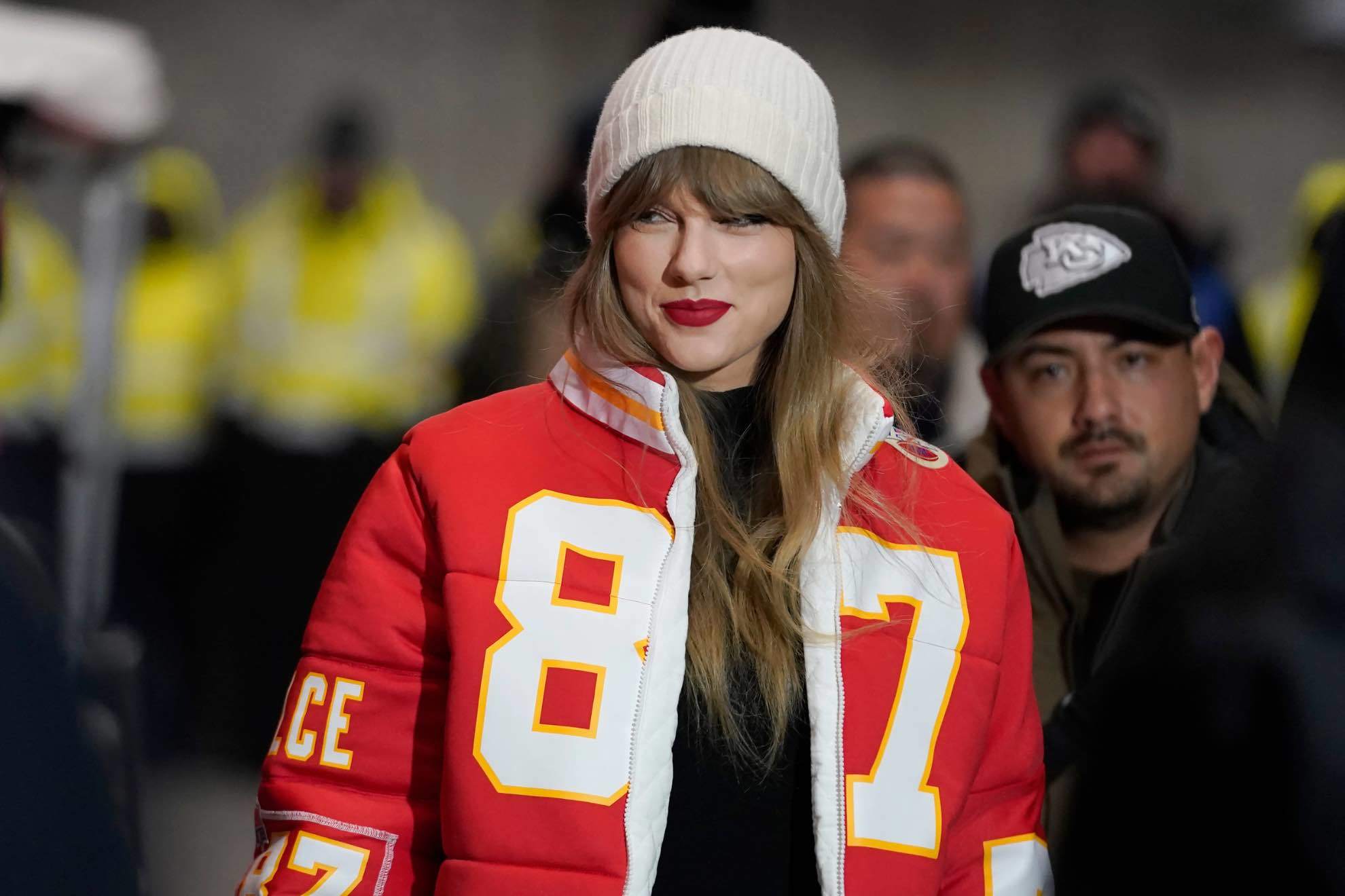 Taylor Swift in a custom jacket made by Kristin Juszczyk