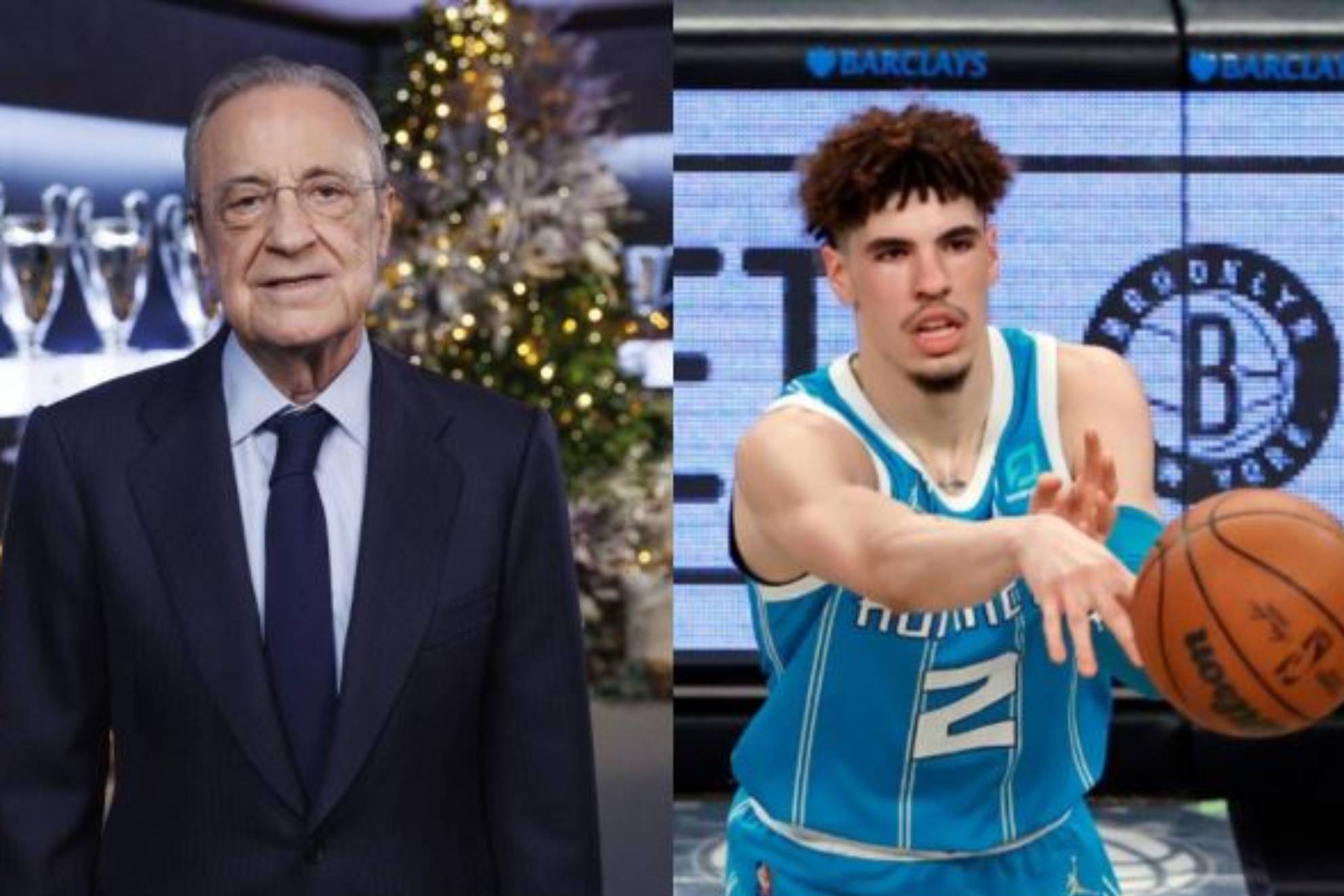 Florentino Perez, president of Real Madrid (left) and LaMelo Ball, Hornets player (right)
