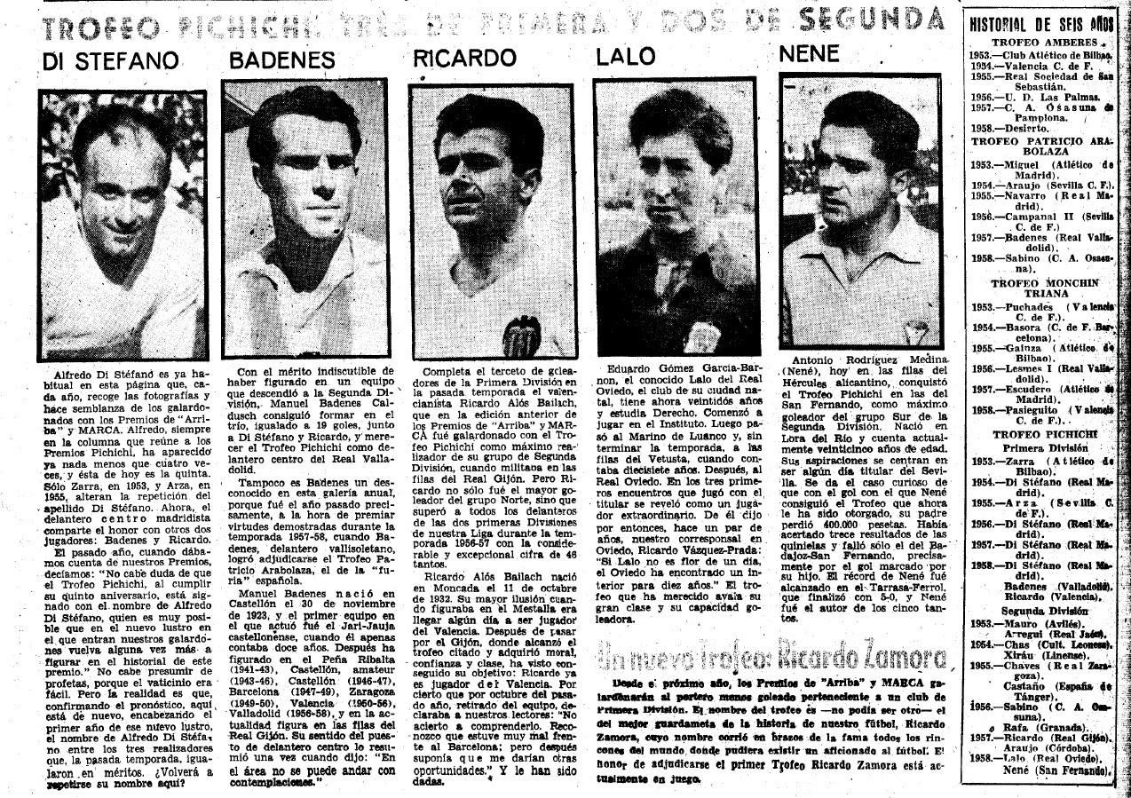 Recorte de MARCA con los ganadores del Pichichi en la temporada 1957-58