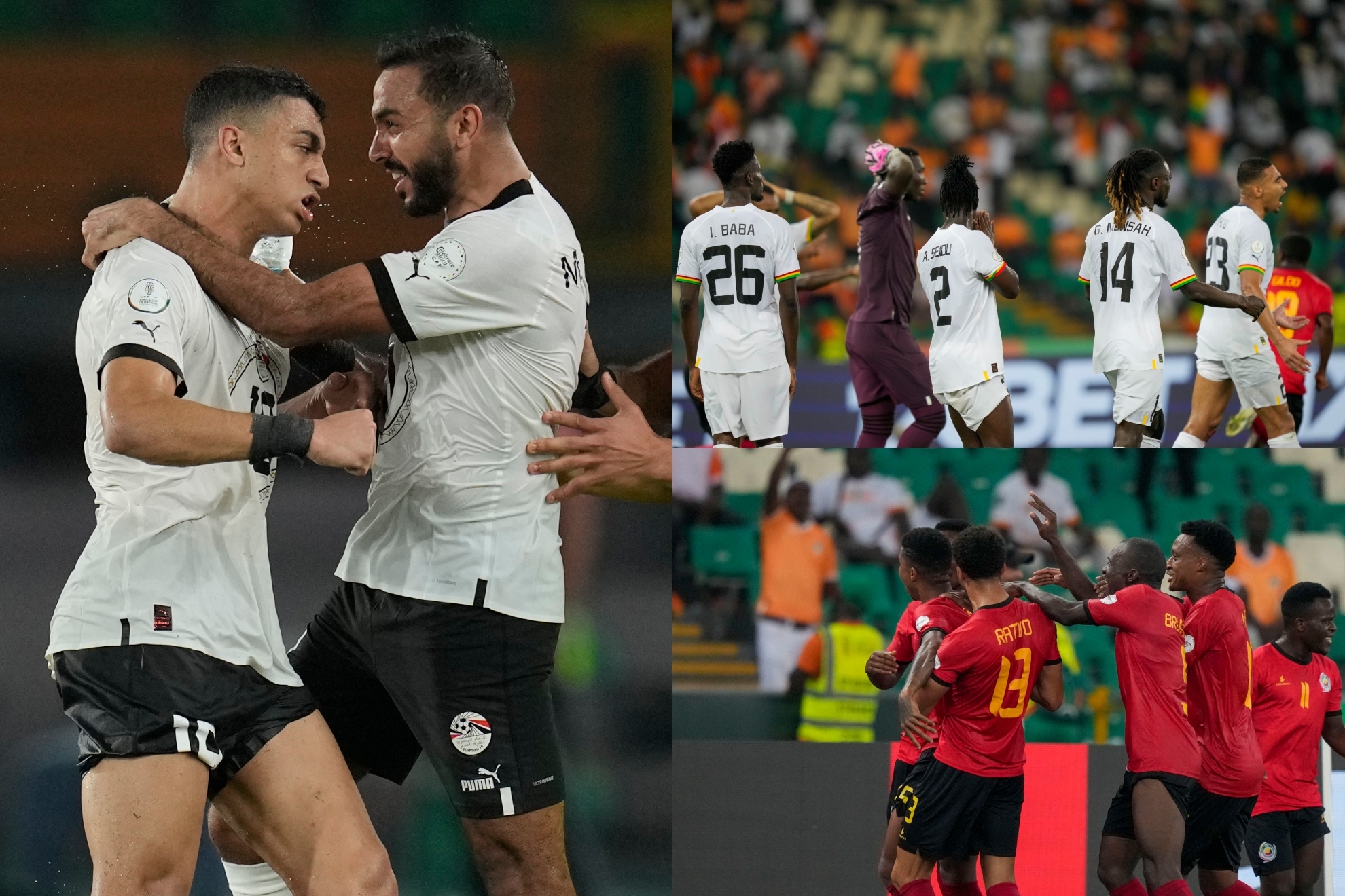 Los jugadores de Egipto festejan, los de Ghana se lamentan y Reinildo celebra su gol
