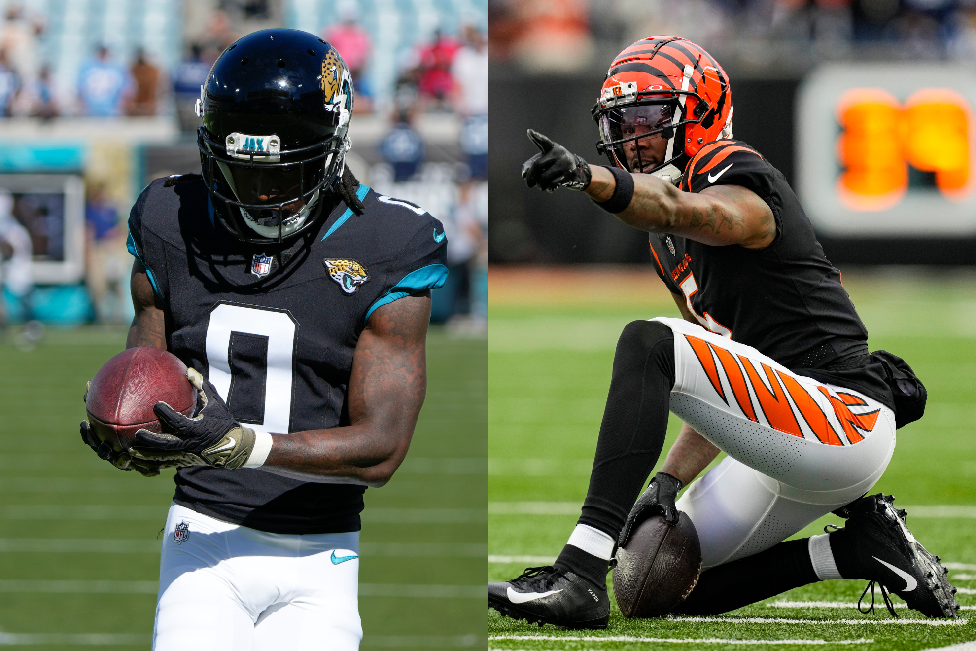 Calvin Ridley (left) and Tee Higgins (right) are two players that Gardner has asked Jets management to sign.