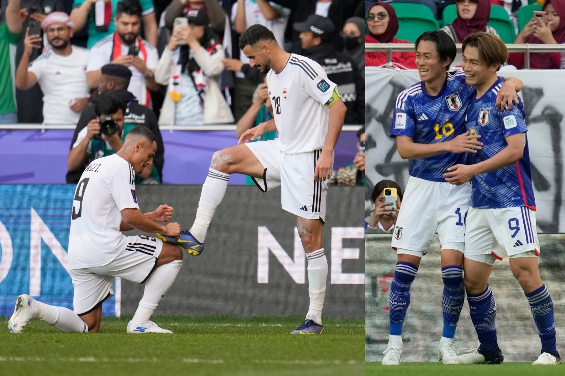 Irak y Japón celebran los goles de Hussein y Ueda respectivamente.