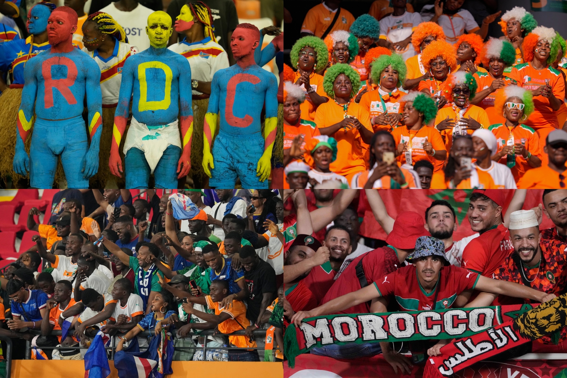 Los aficionados de RD Congo, Costa de Marfil, Cabo Verde y Marruecos celebran en la Copa África.
