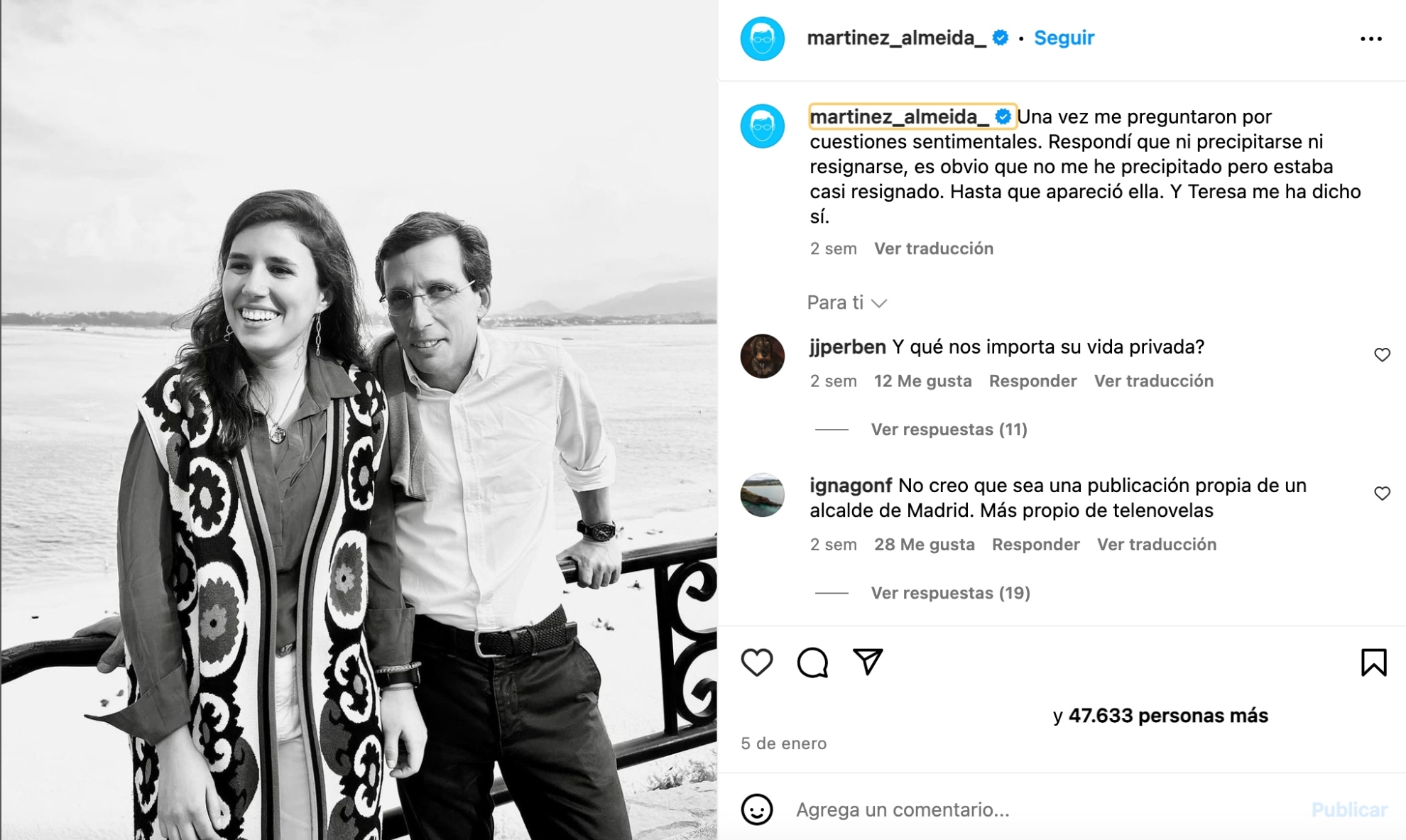 La publicacin de Jos Luis Martnez-Almeida confirmando la boda. INSTAGRAM