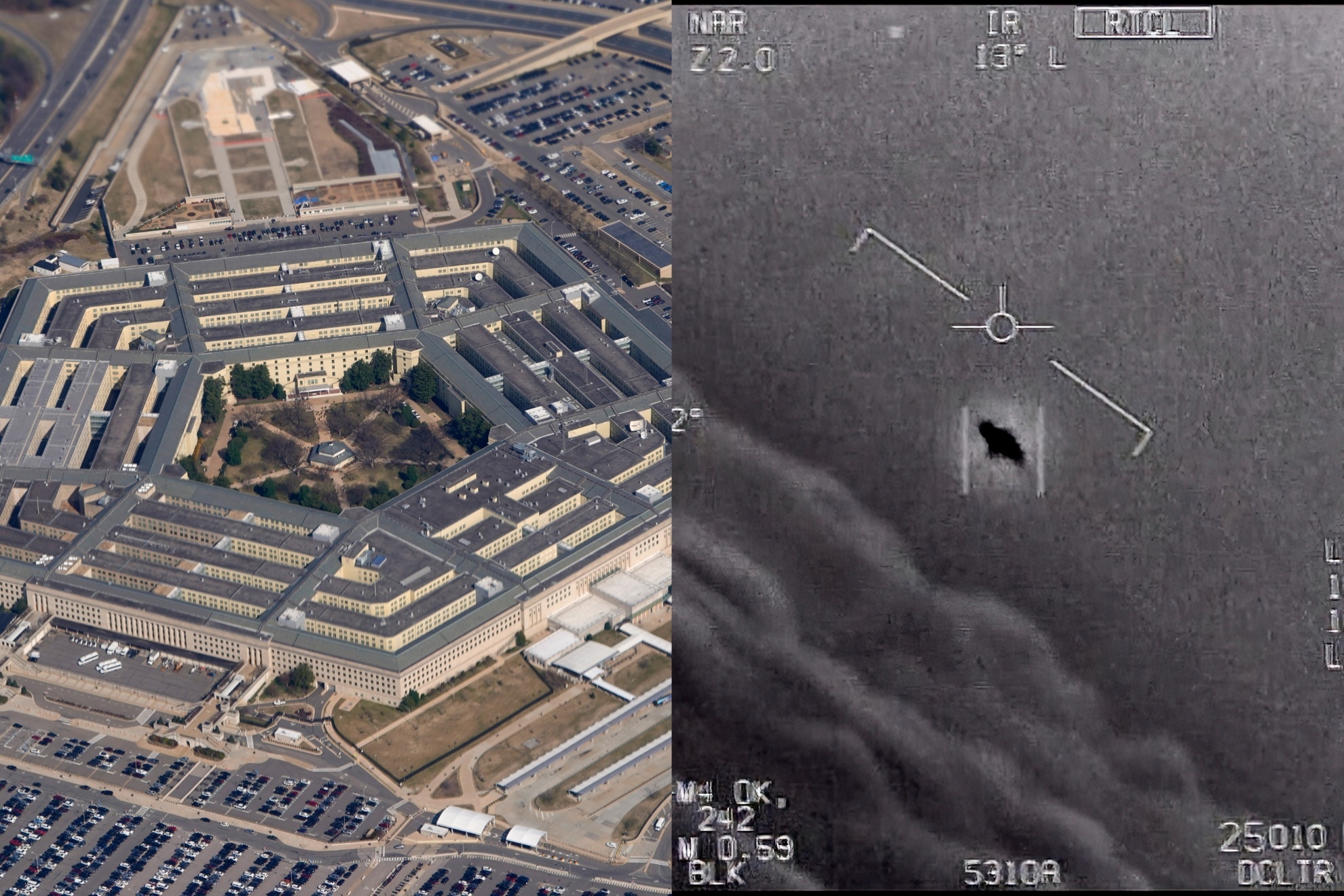 Mashup image of the U.S. Pentagon and a UFO