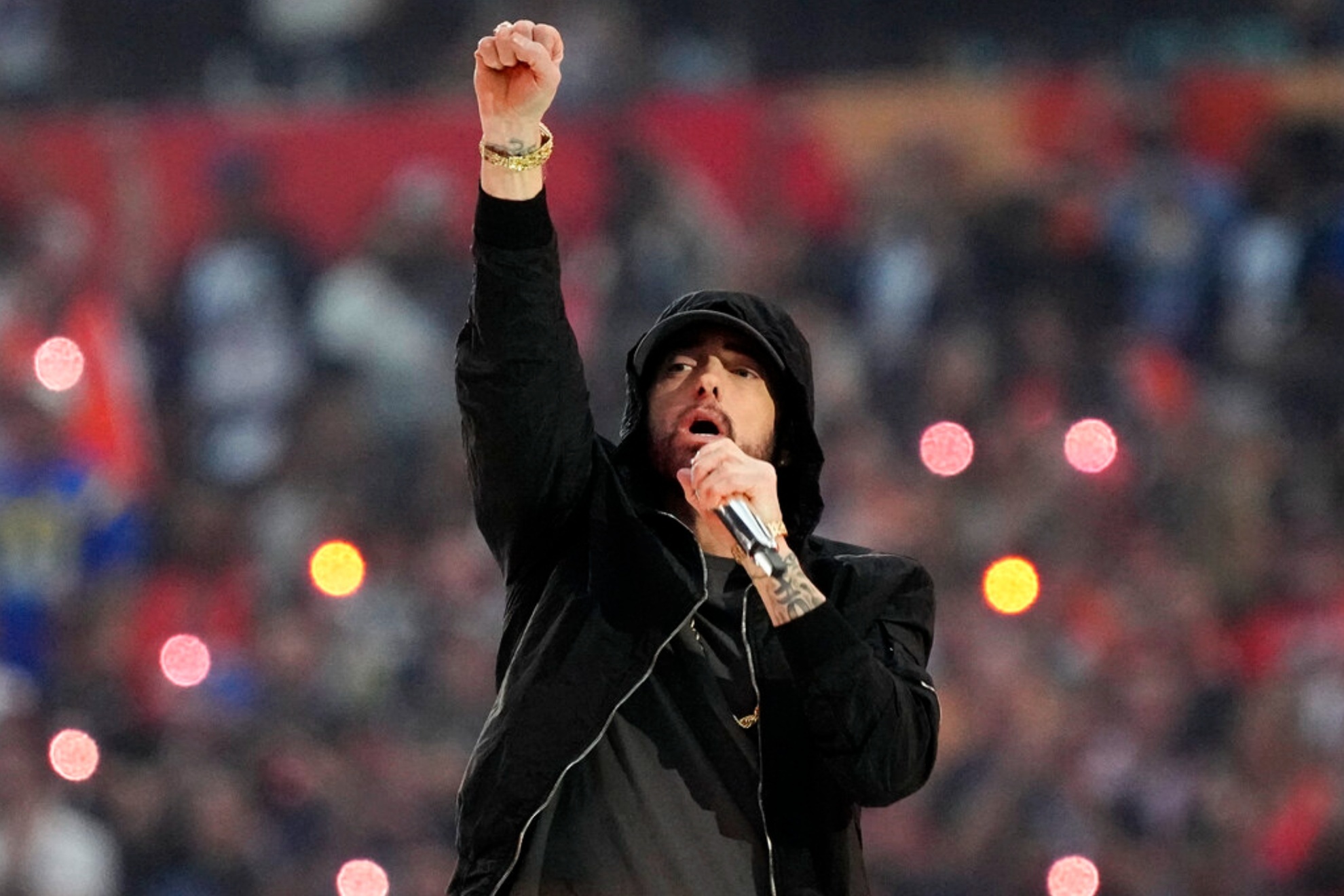 Eminem performing at Super Bowl LVI at SoFi Stadium in Los Angeles, California