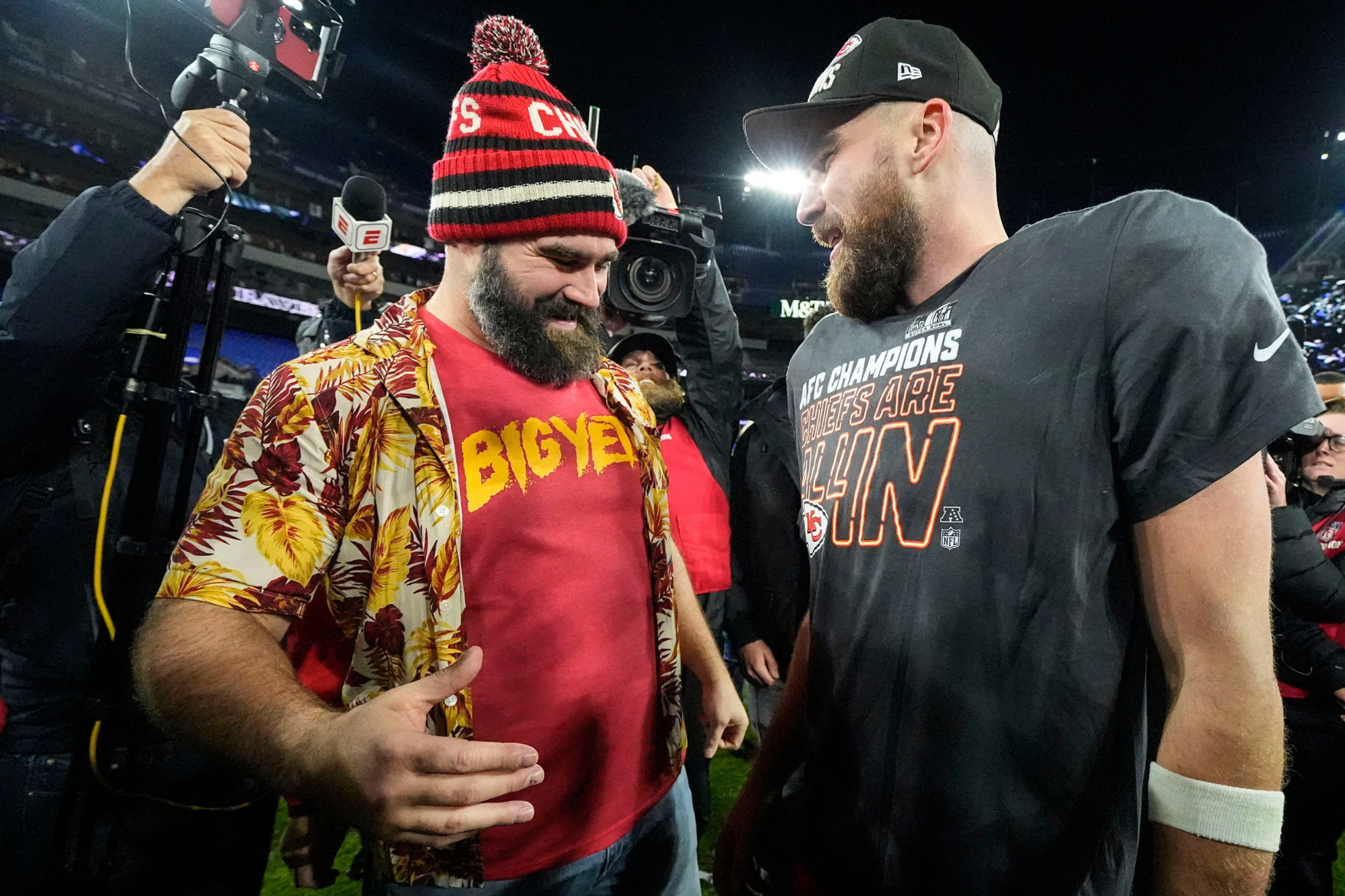 Jason and Travis Kelce after the Chiefs win over the Ravens.