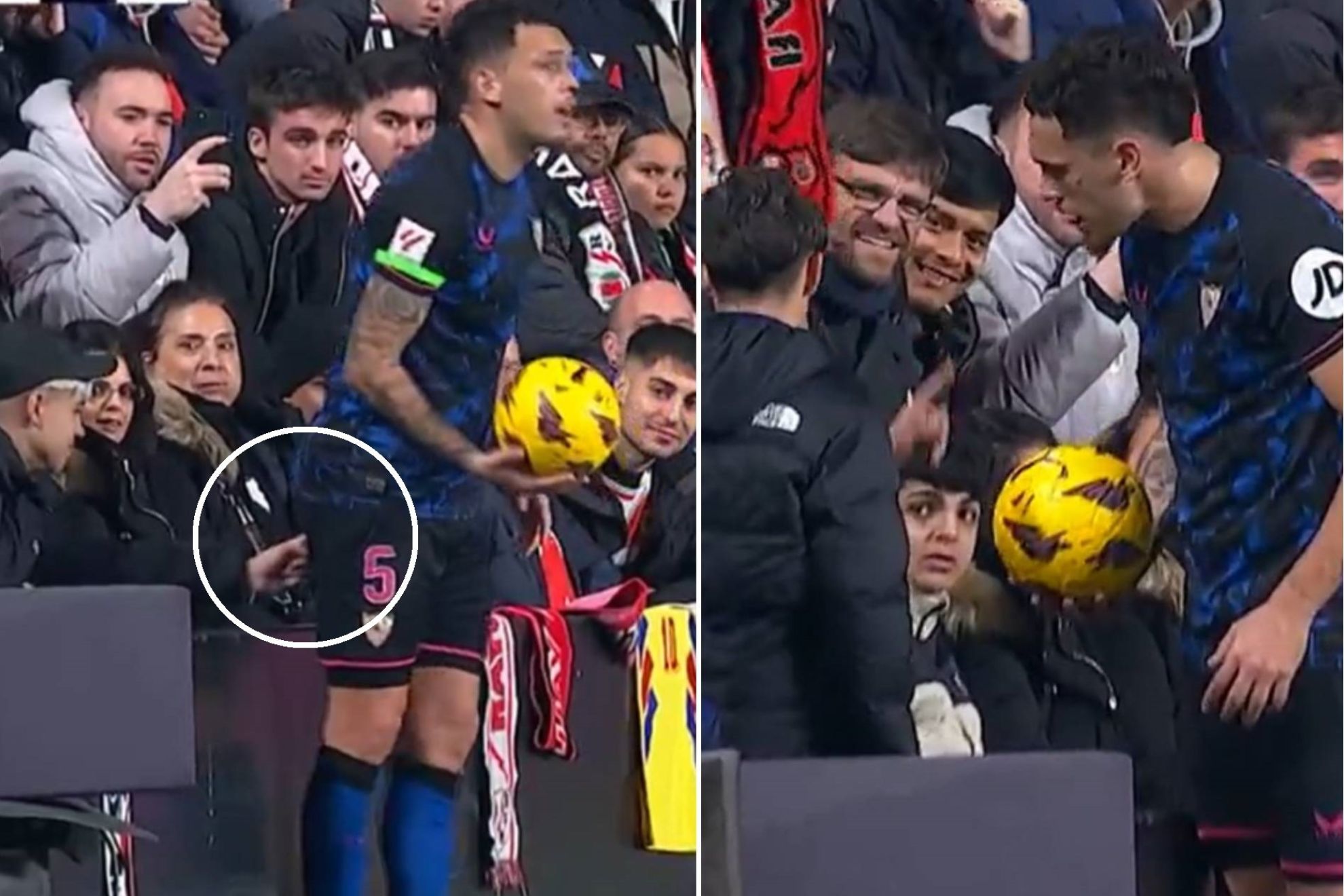 Lucas Ocampos was executing a throw-in when a fan prodded his rear end.