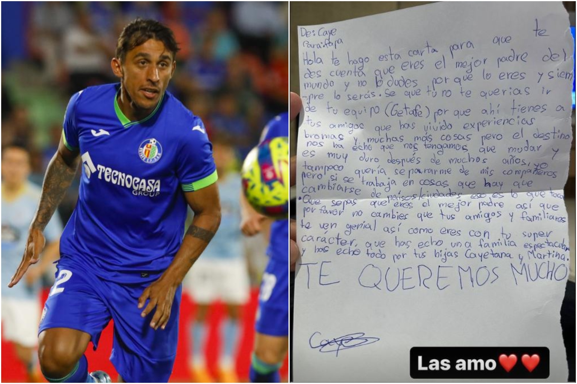 Un montaje con una imagen de Damián Suárez y otra de la carta de su hija.