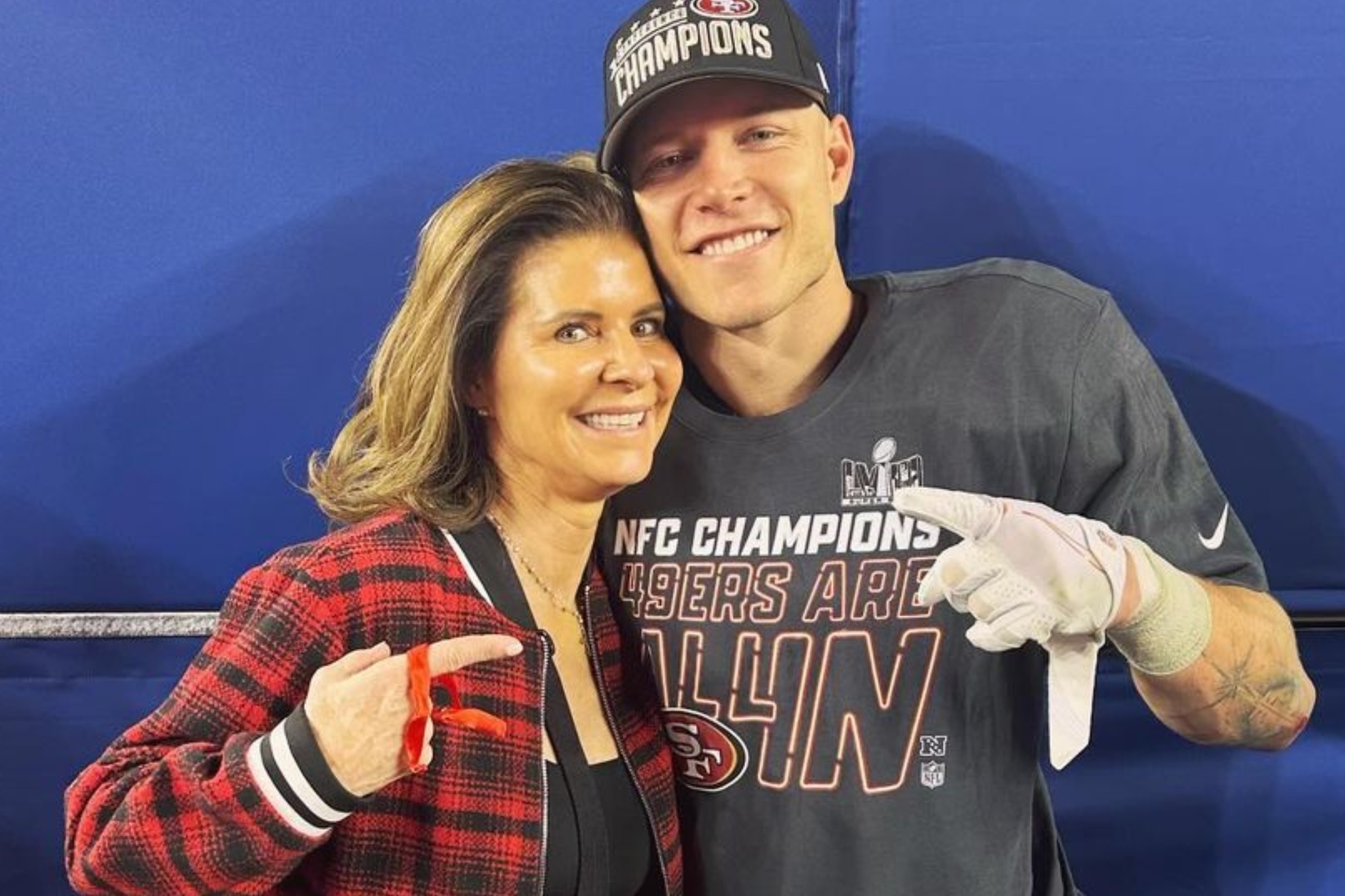 San Francisco 49ers running back Christian McCaffrey (right) with his mother Lisa.