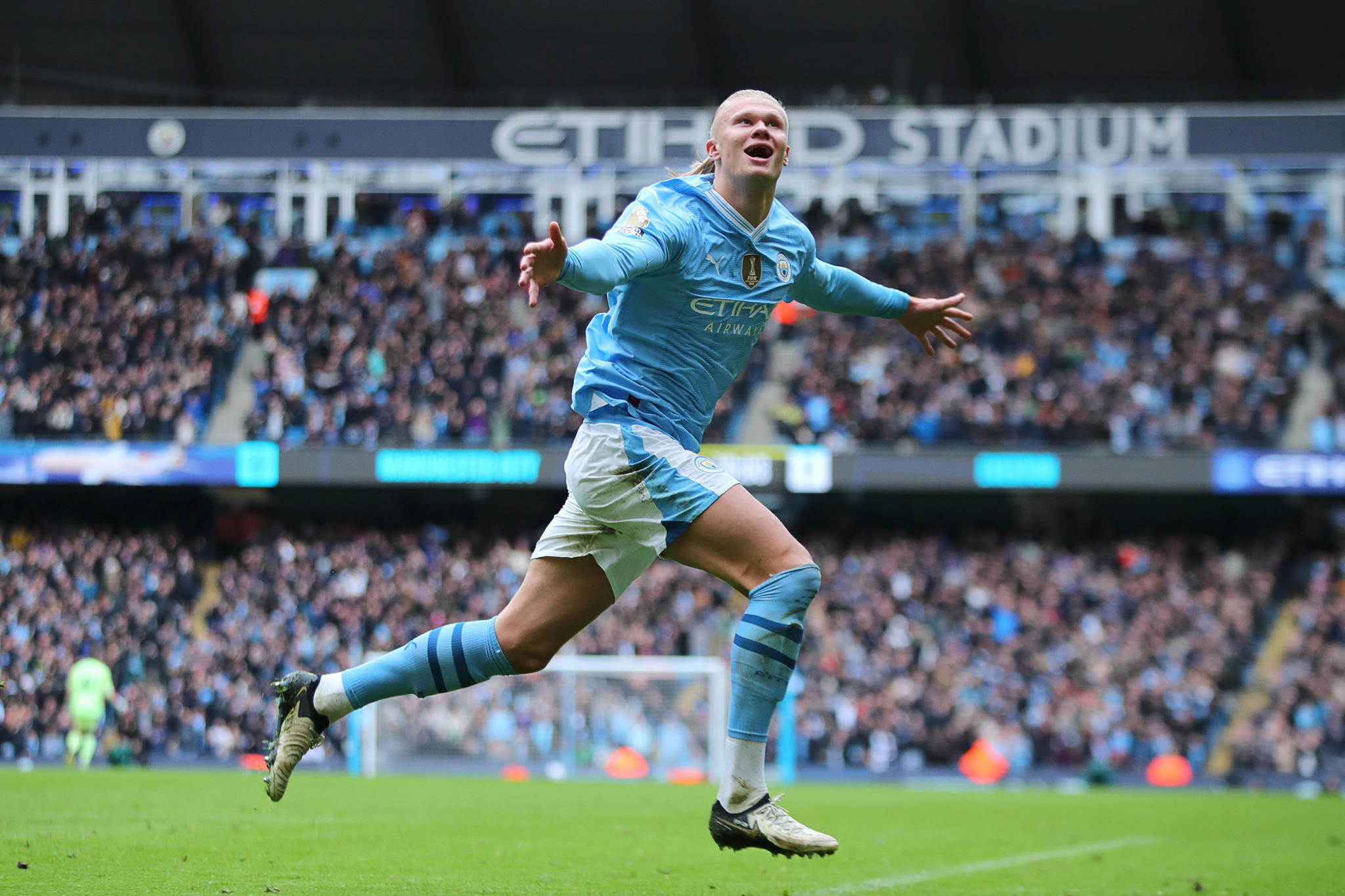 Erling Haaland of Manchester City celebrates scoring a goal