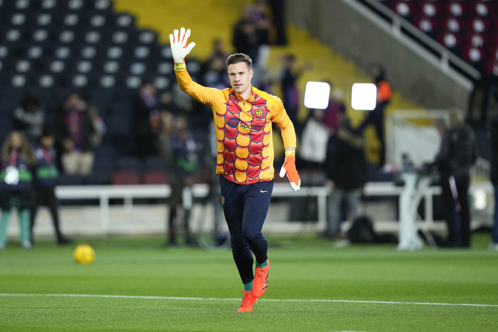 Ter Stegen waves to the Barcelona fans as he prepares to return to action tonight against Granada