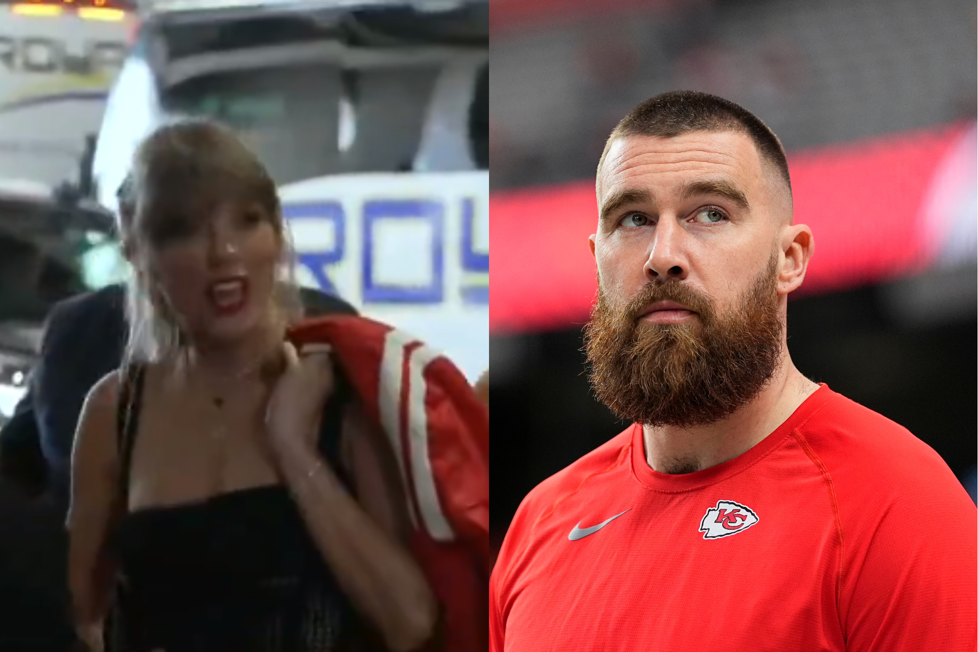Shes here: Swift (left) is in Las Vegas to support Kelce (right) and his Chiefs.