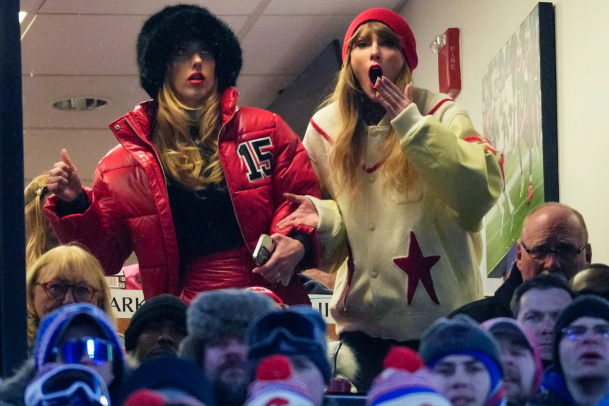 Brittany Mahomes (L) and Taylor Swift at the Chiefs game against the Bills in late January.