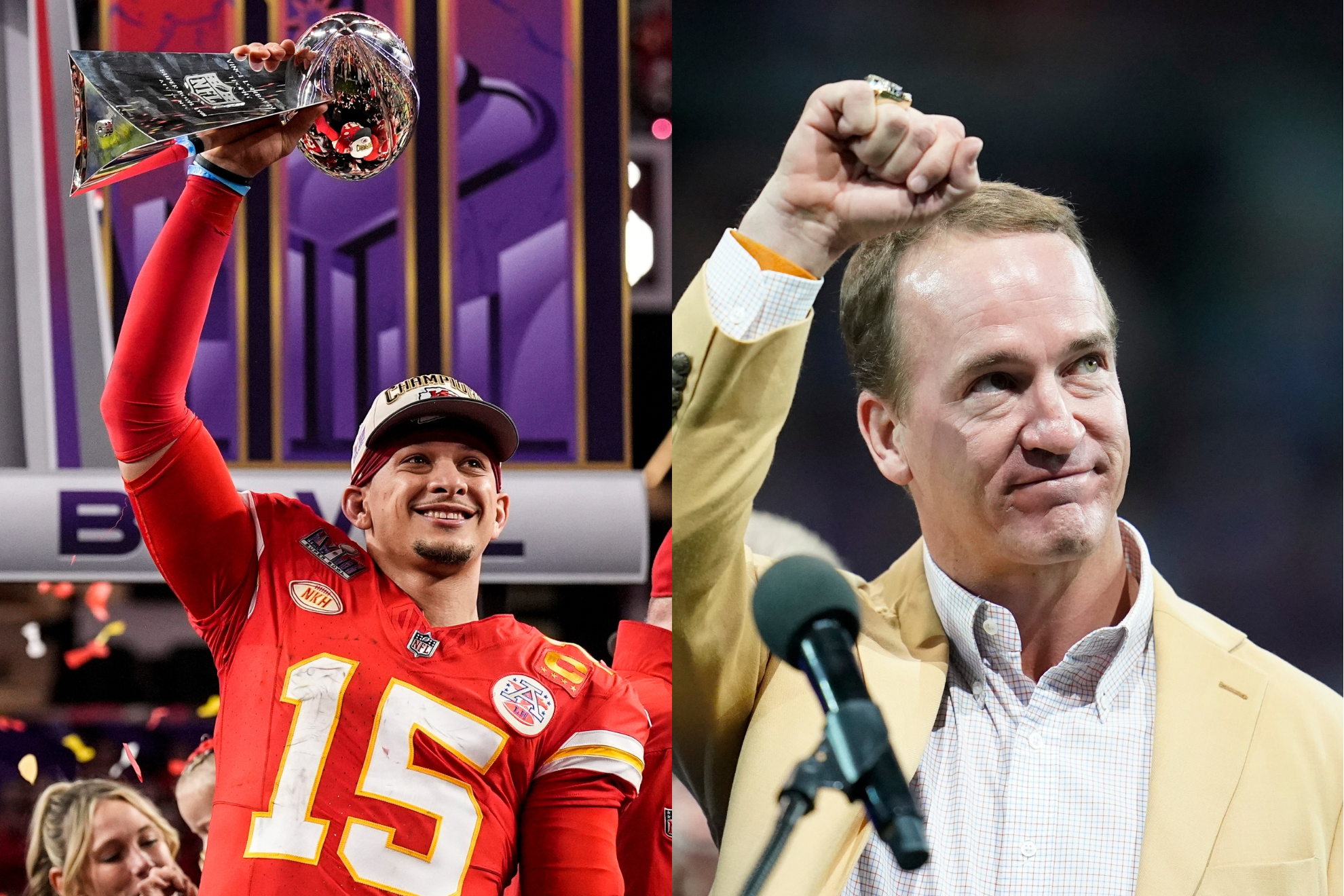 Mahomes (left) has won three Super Bowls already; Manning (right) won two in his career.