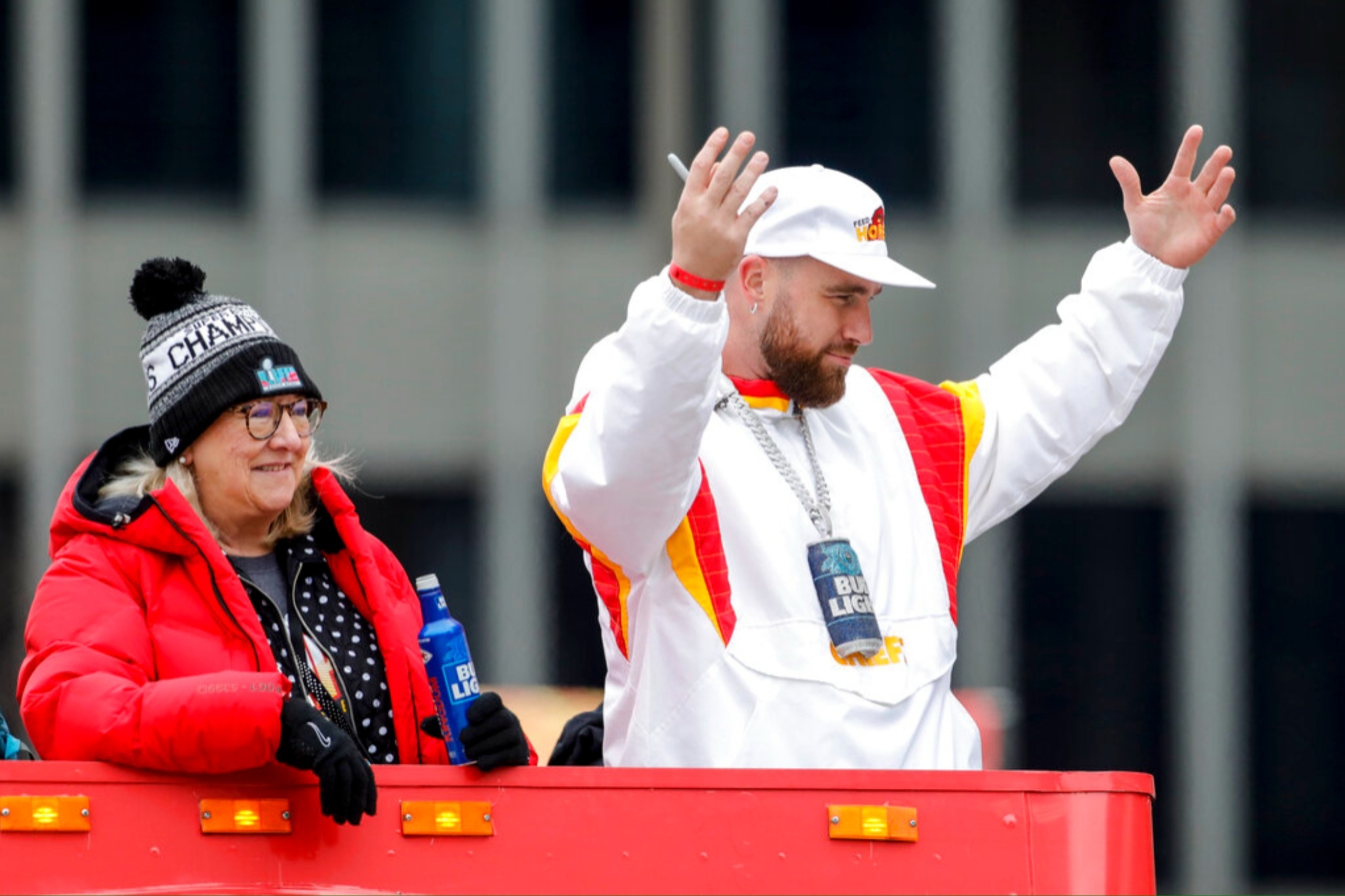 Travis Kelce and his mother, Donna, at the victory parade.