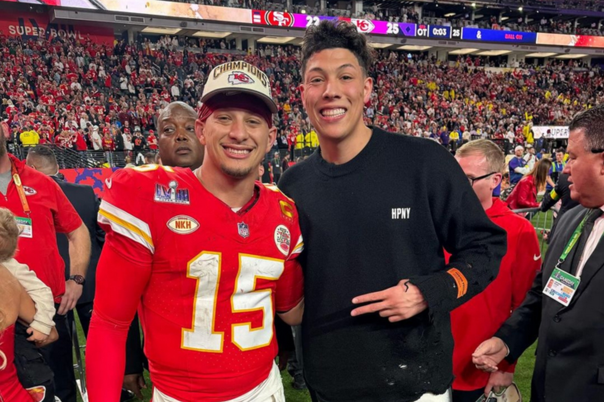 Jackson (L) and Patrick Mahomes after the Super Bowl LVIII game.
