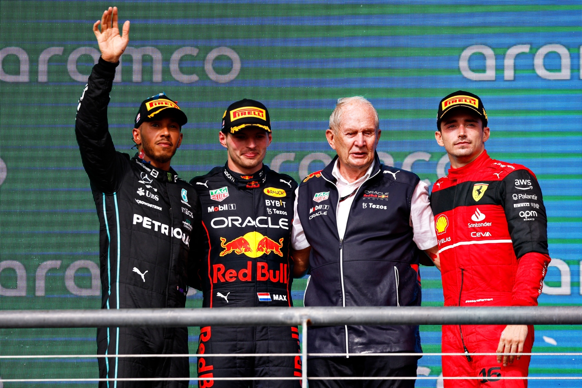 Hamilton, Verstappen, Marko y Leclerc.