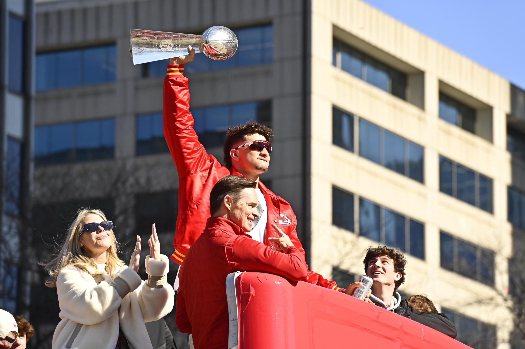 Kansas City Chiefs quarterback Patrick Mahomes lifts the Vince Lombardi Trophy