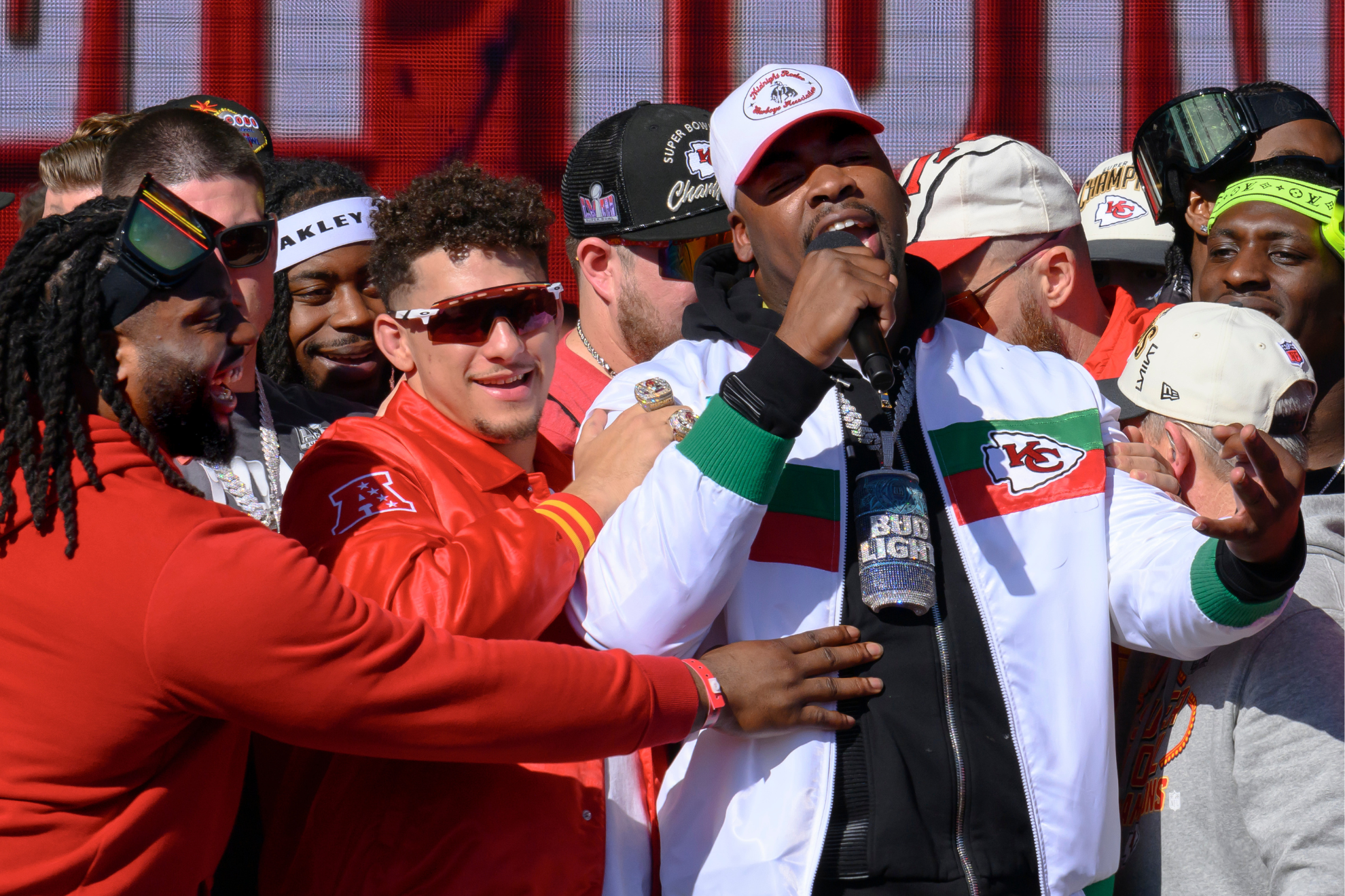 Jones (right, in white jacket) at the Chiefs parade on Wednesday.