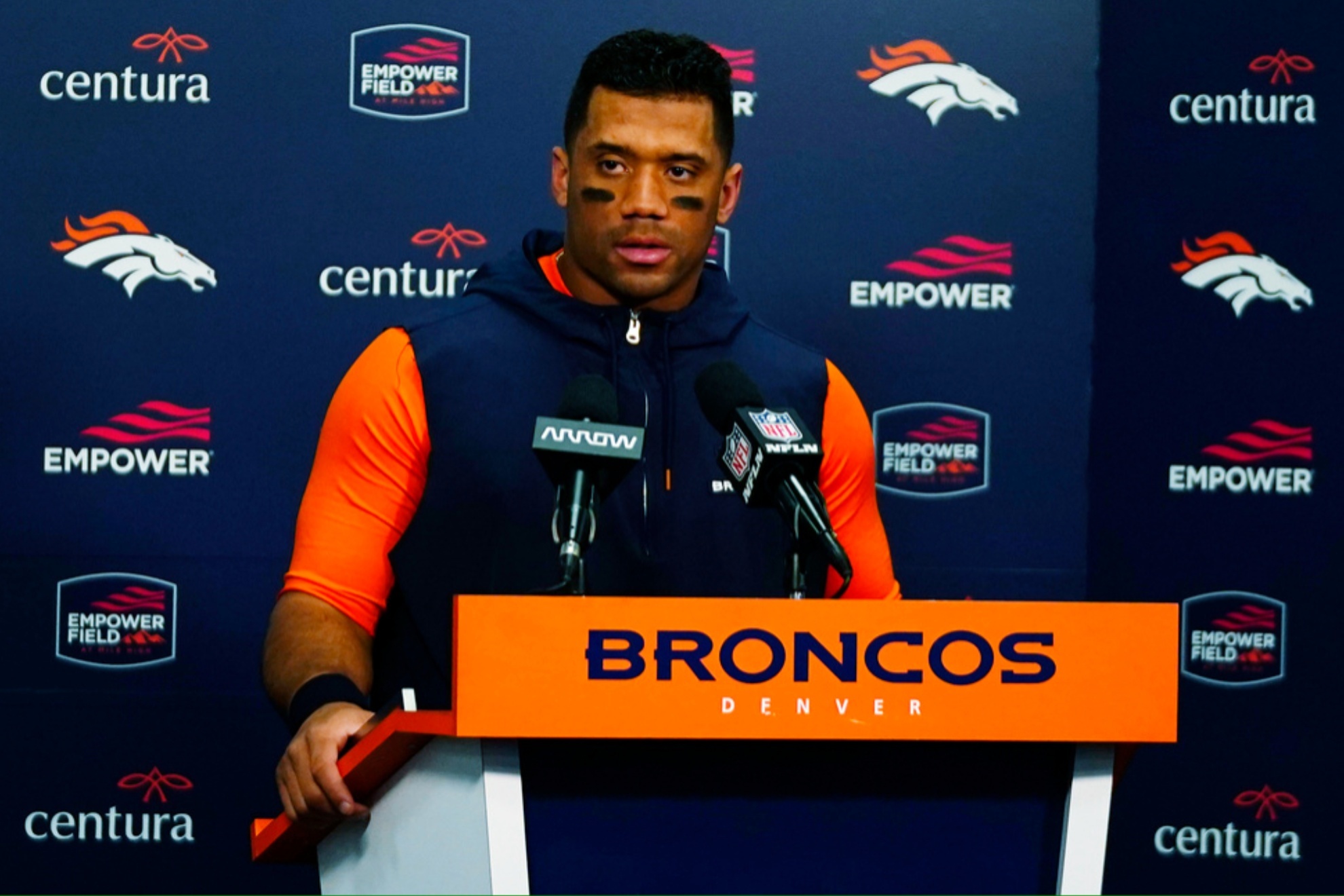 Russell Wilson at a press conference after the loss to the Pats on Dec. 24.