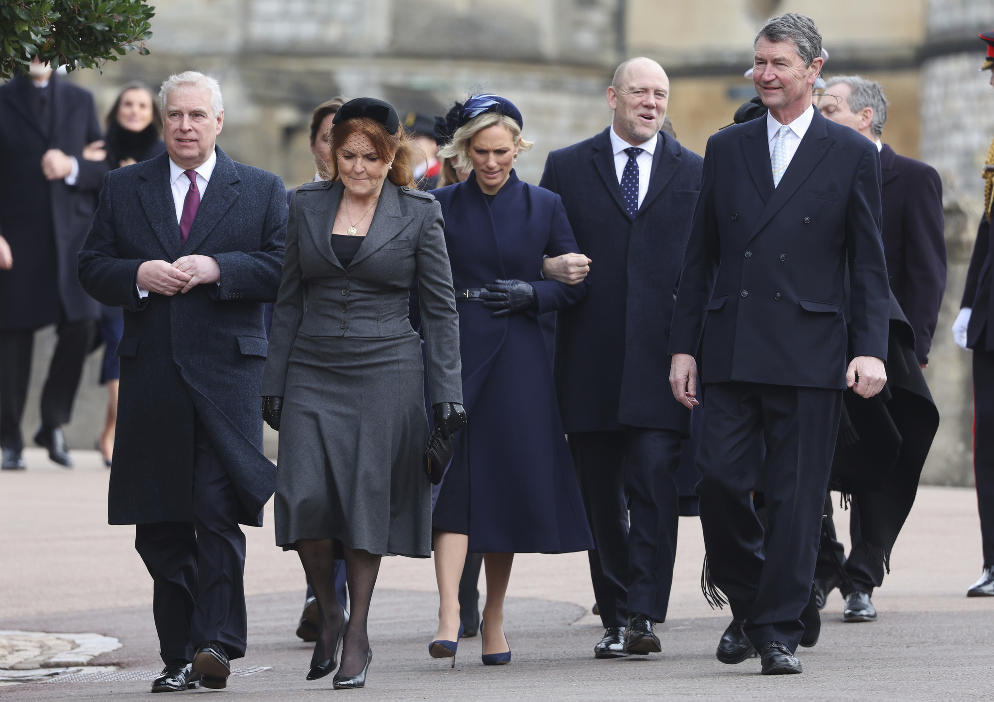 Prince Andrew, Mike Tindall, Sarah, Duchess of York, Anne, Princess Royal and Vice Admiral Sir Timothy Laurence attend the Thanksgiving Service for King Constantine