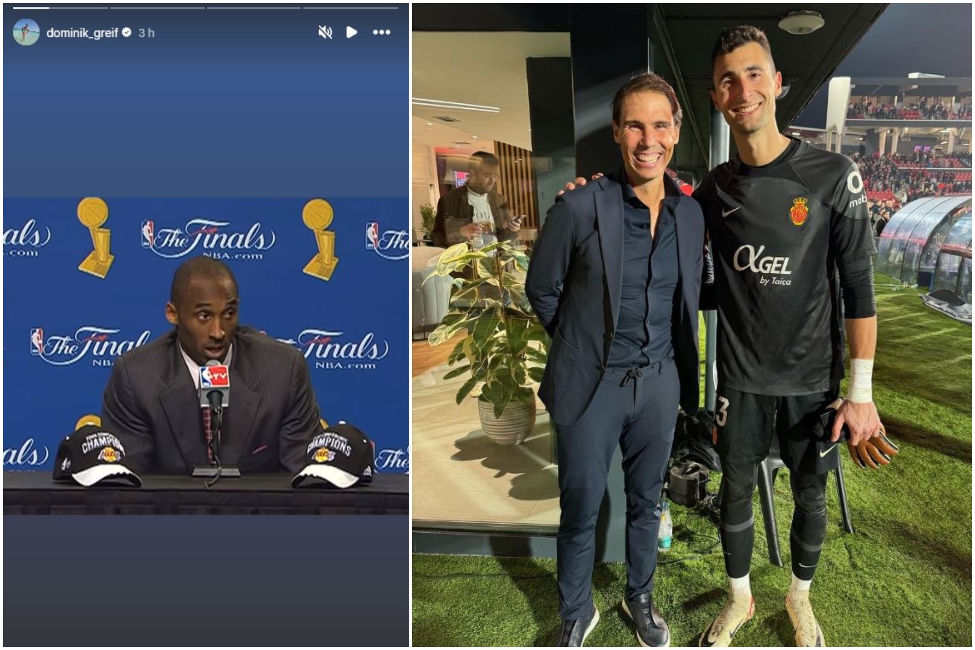 Un montaje con la imagen de Kobe Bryant que compartió Dominik Greif y otra del meta con Rafa Nadal.