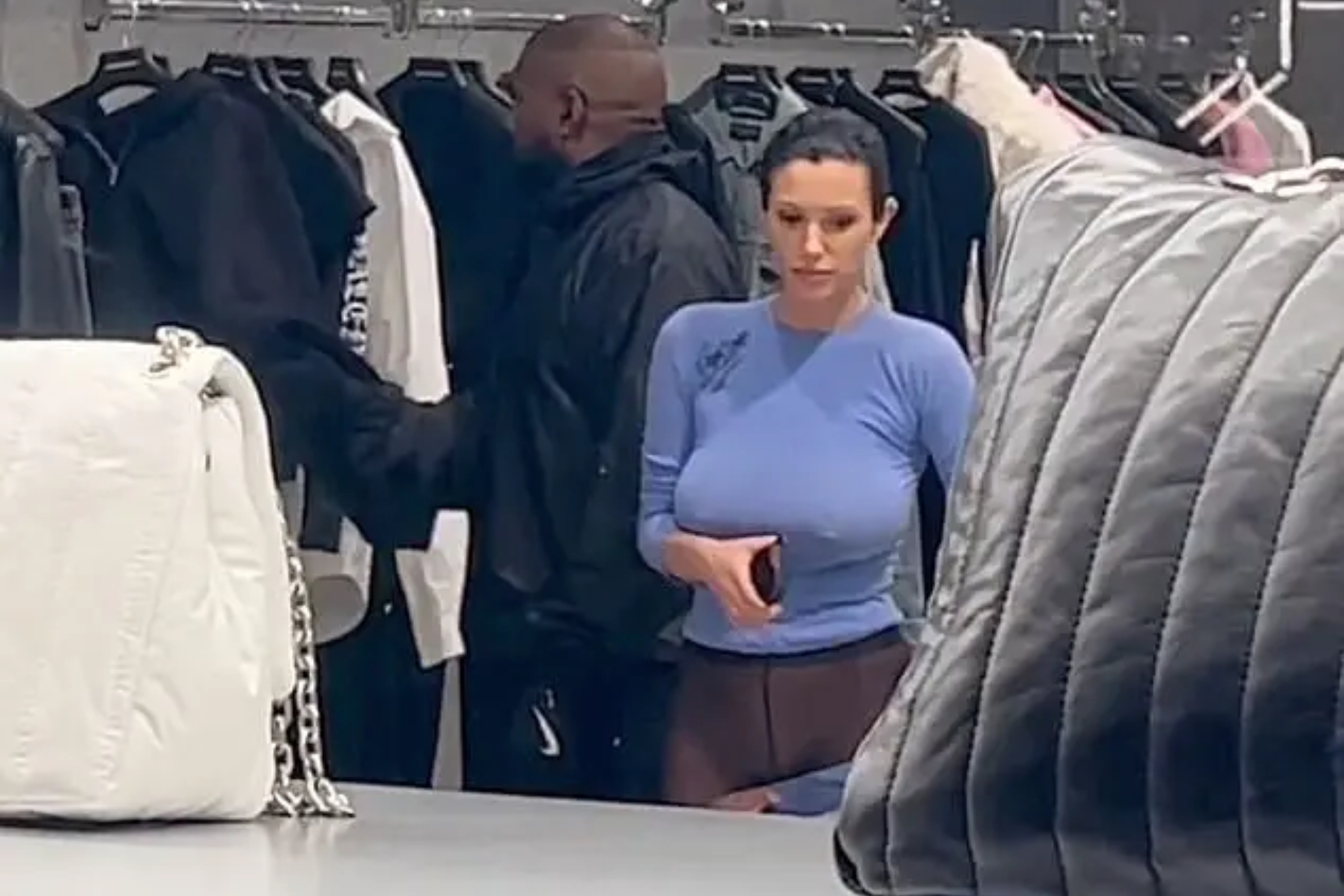 Bianca Censori and Kanye West in the Paris stores