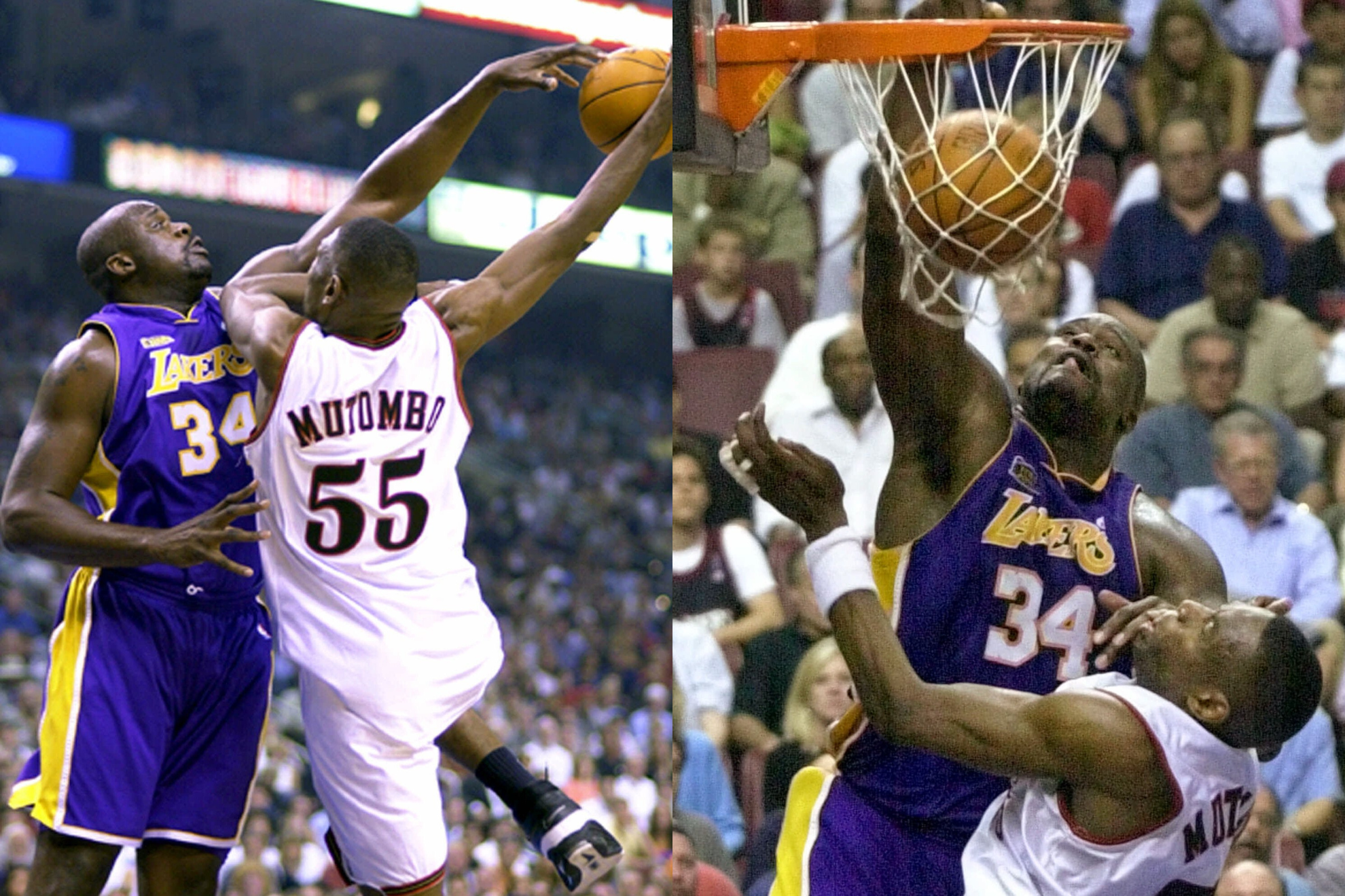 Shaquille ONeal dominates Dikembe Mutombo in the 2001 NBA Finals.