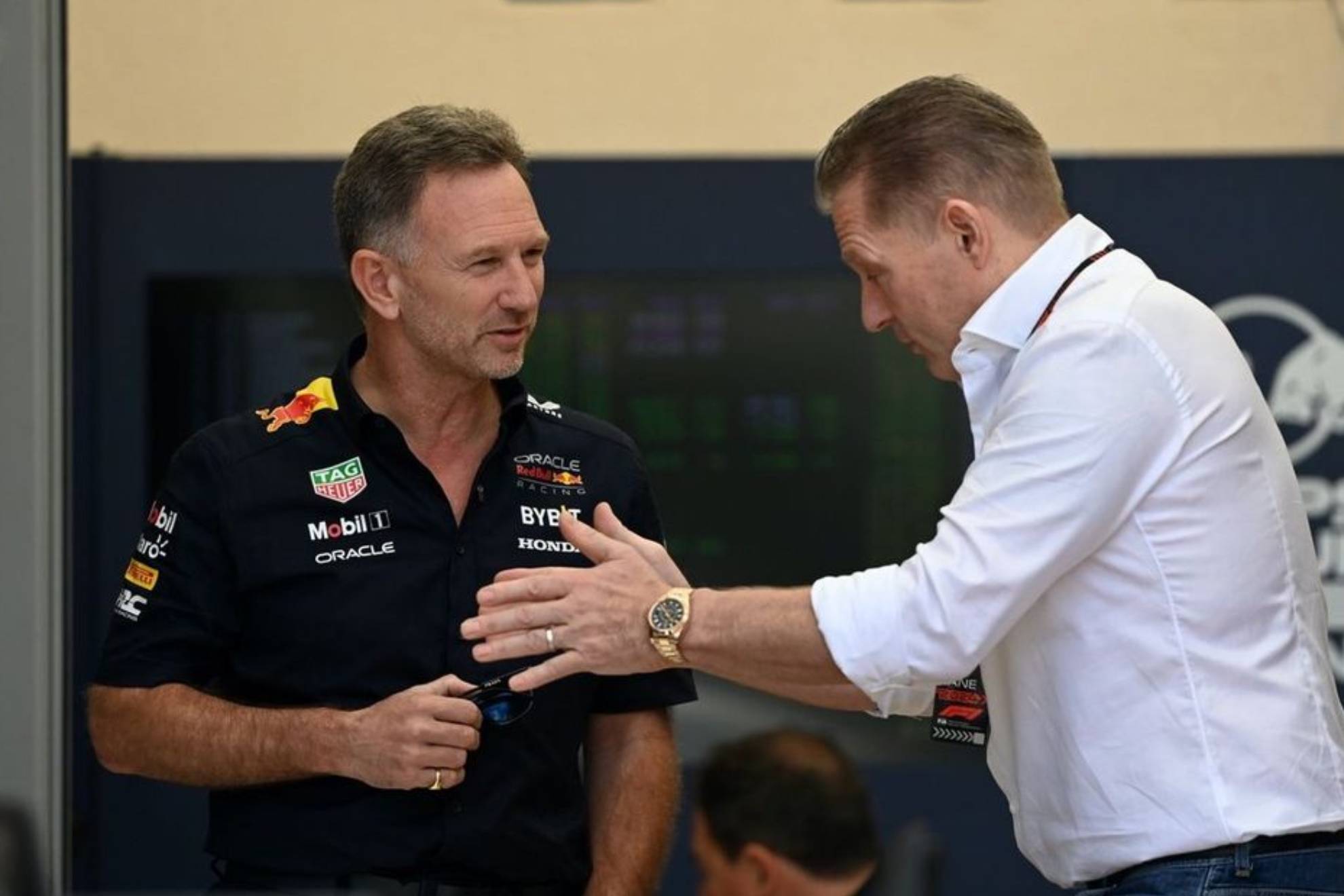 Horner and Jos Verstappen speaking last week in Bahrain.