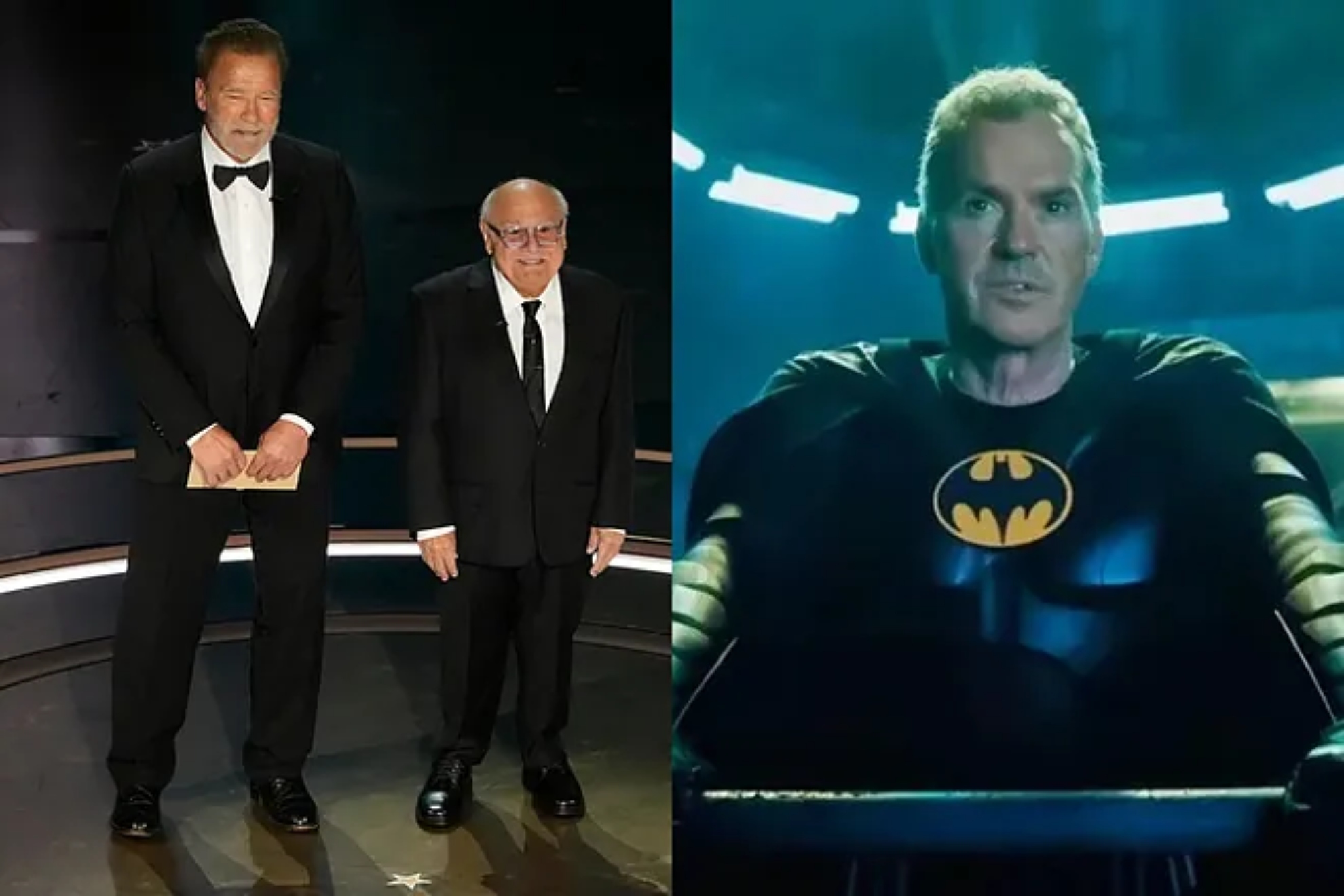 Arnold Schwarzenegger and Danny DeVitto team up to troll Michael Keatons Batman during the Oscars