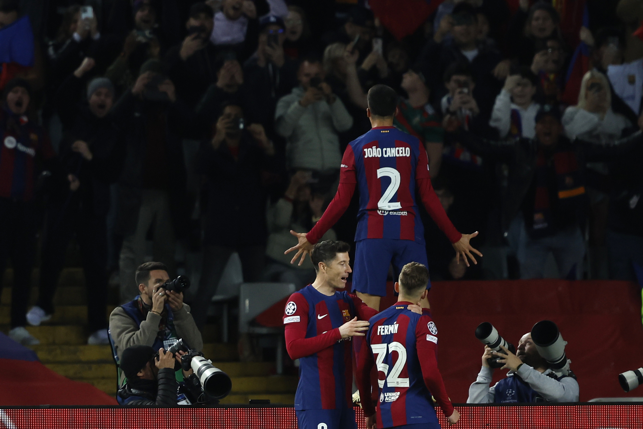 Joao Cancelo celebrates after scoring Barcelona's second goal 