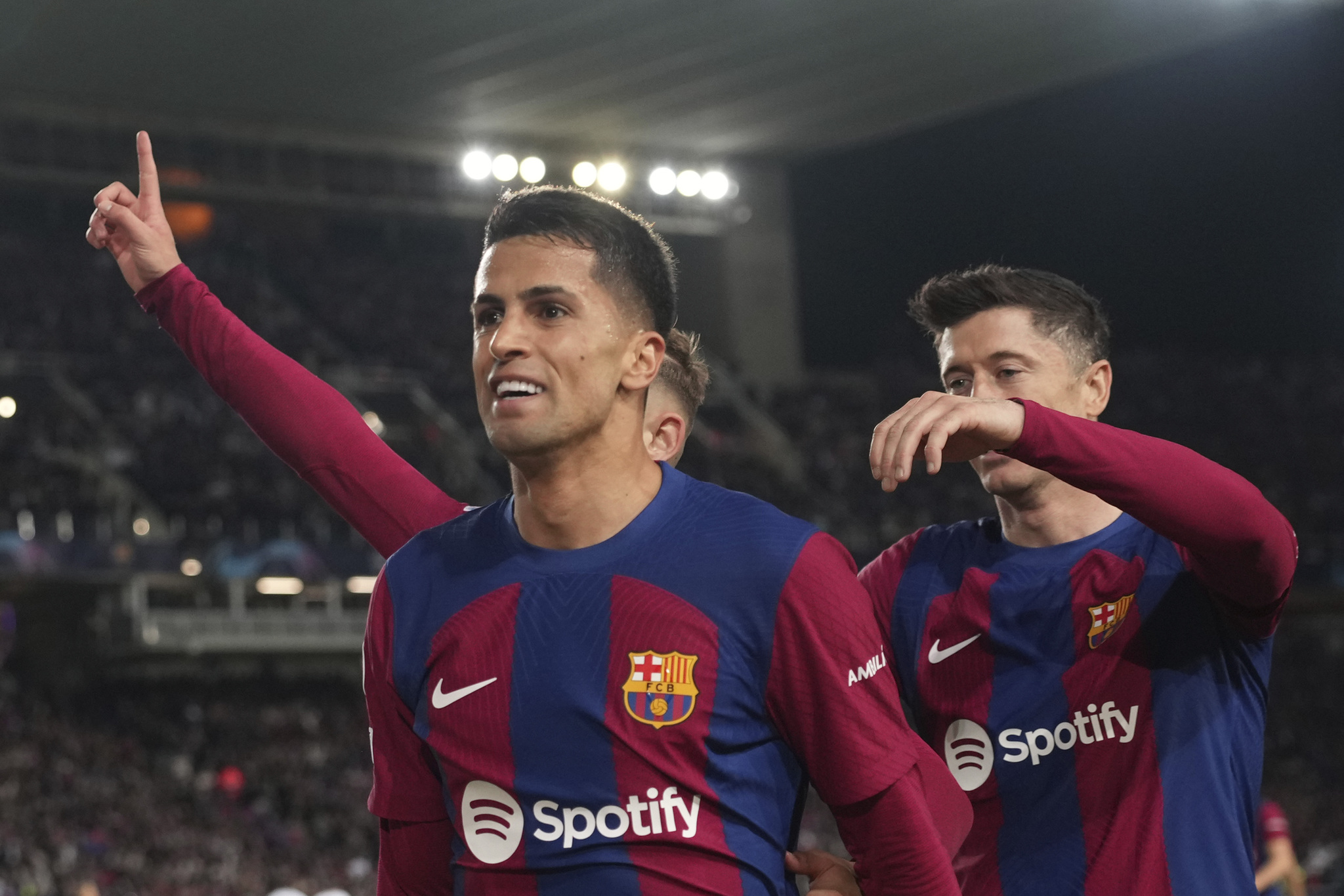 Barcelonas Joao Cancelo celebrates after scoring his sides second goal