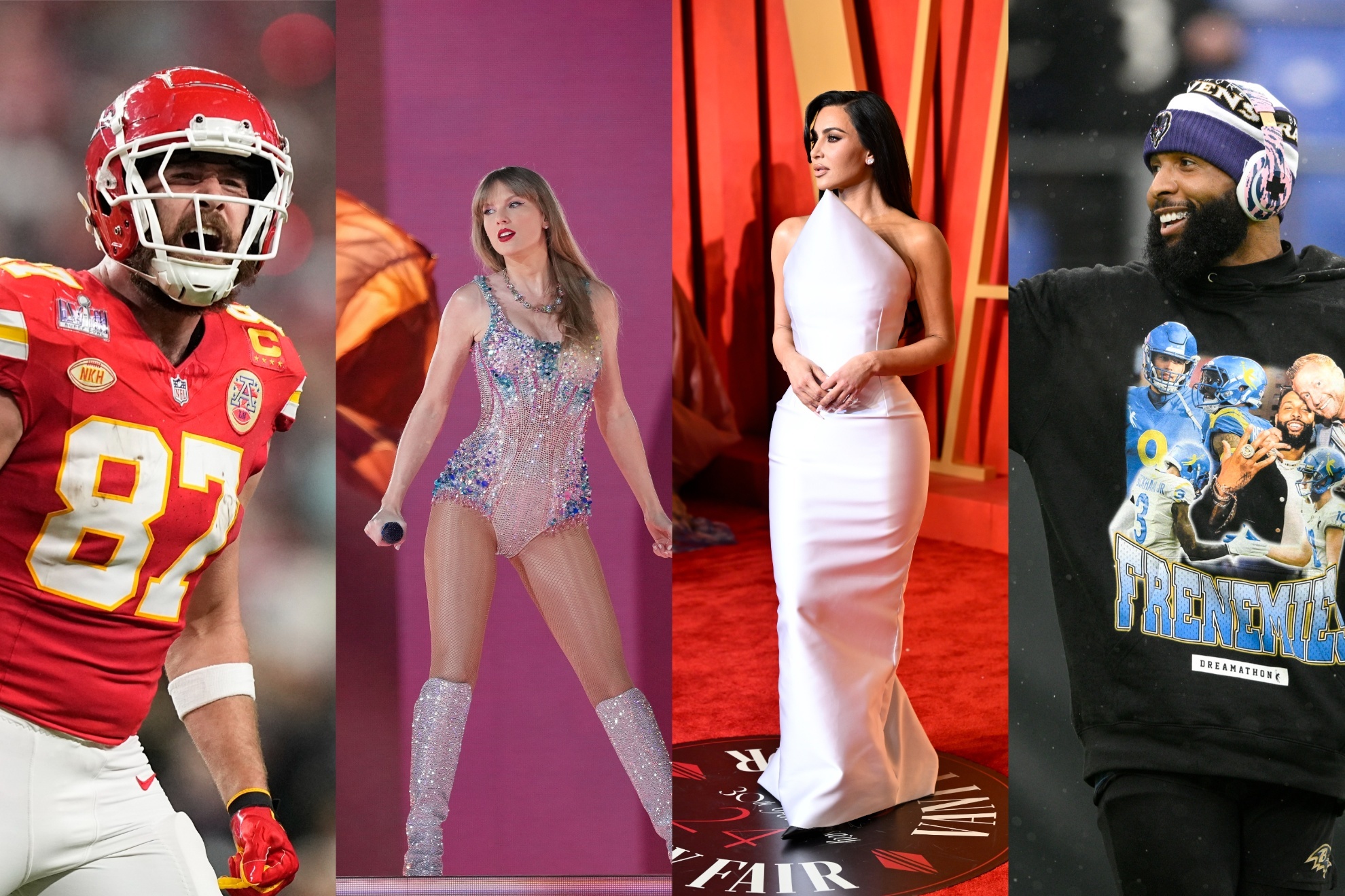 Mashup image of Travis Kelce, Taylor Swift, Kim Kardashian and Odell Beckham Jr.
